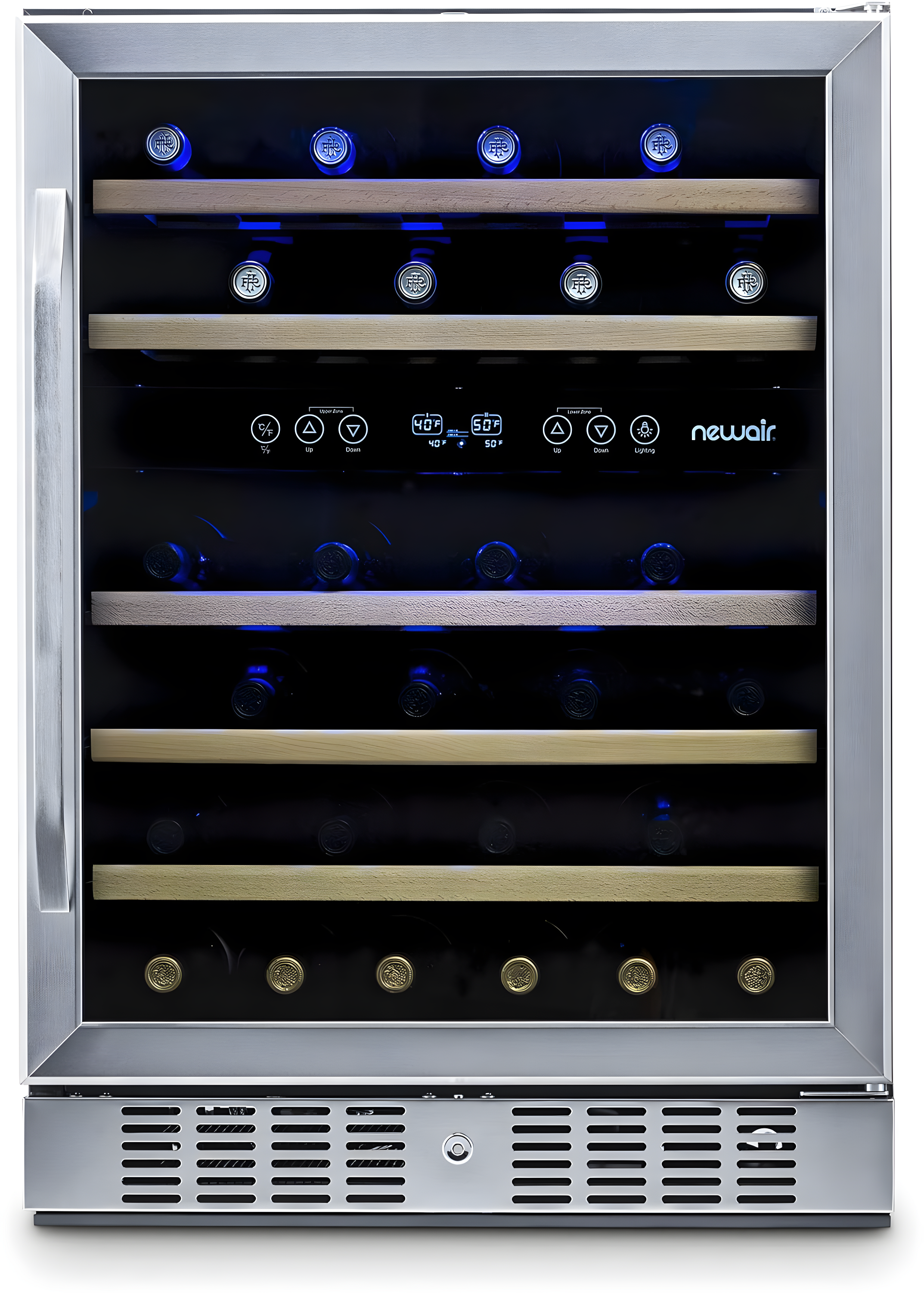 Newair 24” Built-in 46 Bottle Dual Zone Wine Cooler with Removable Beechwood Shelves in Black Stainless Steel