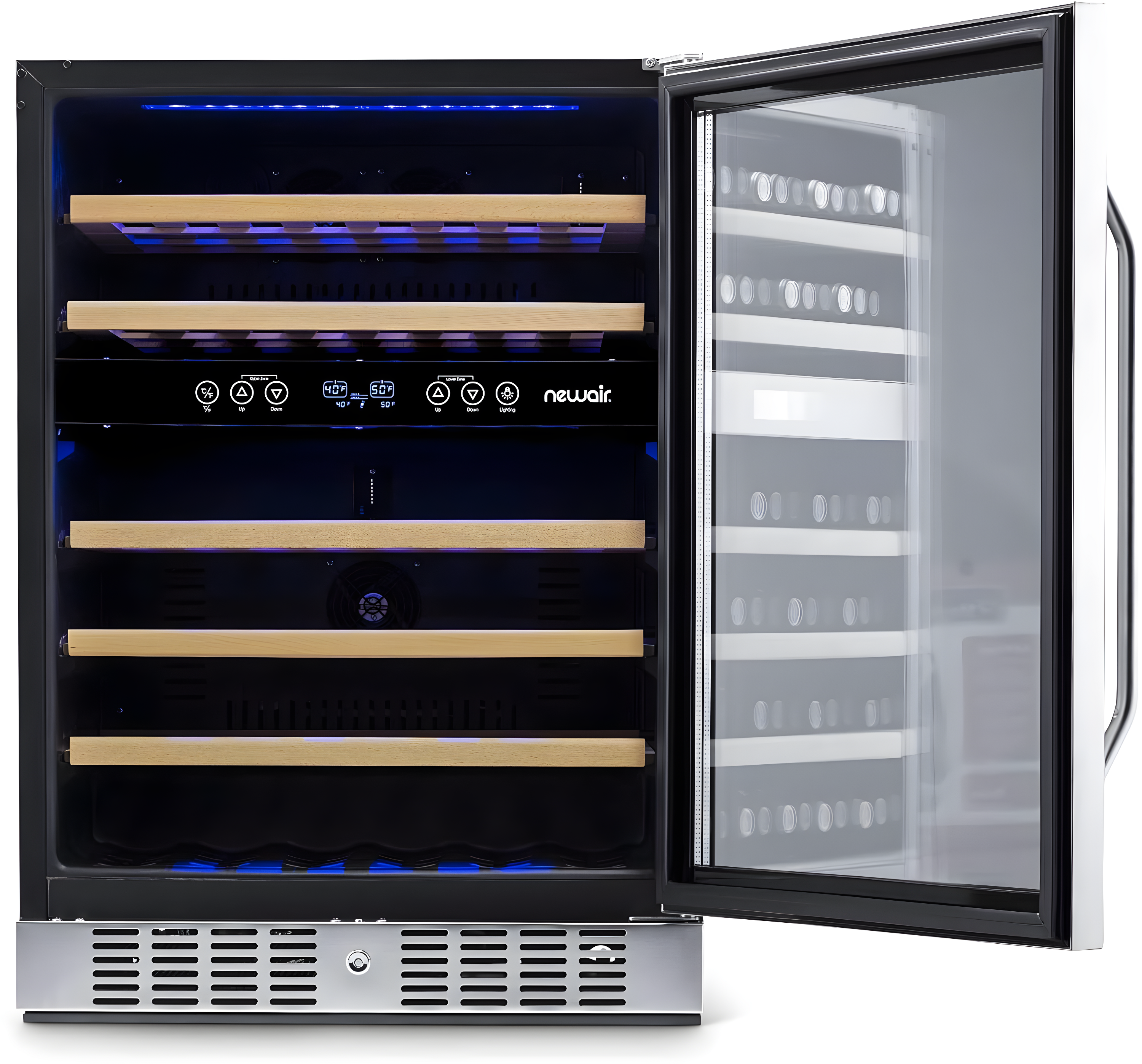 Newair 24” Built-in 46 Bottle Dual Zone Wine Cooler with Removable Beechwood Shelves in Black Stainless Steel