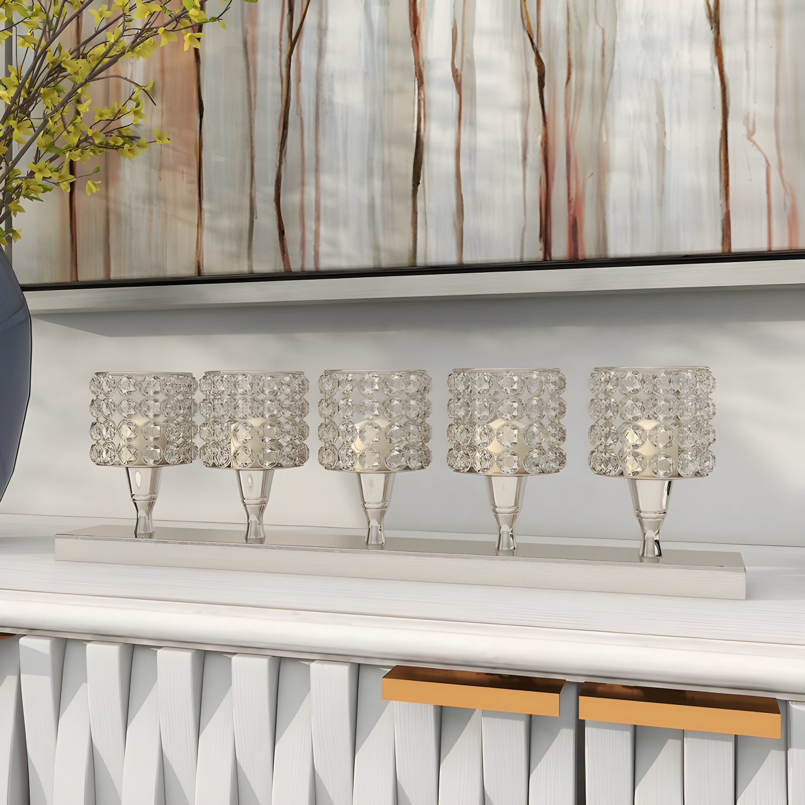 House of Hampton® Aluminum Metal Pillar 5 Crystal Sleeve Decorative Silver Candelabra