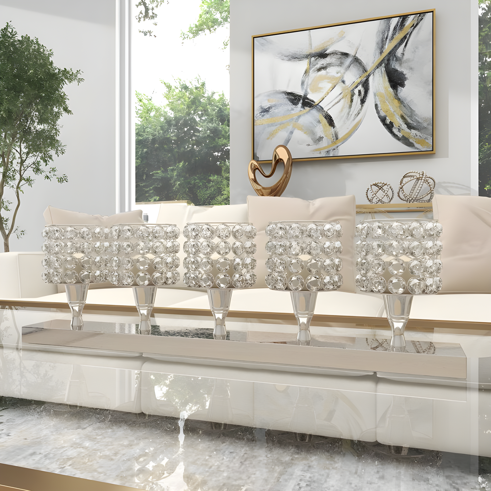 House of Hampton® Aluminum Metal Pillar 5 Crystal Sleeve Decorative Silver Candelabra