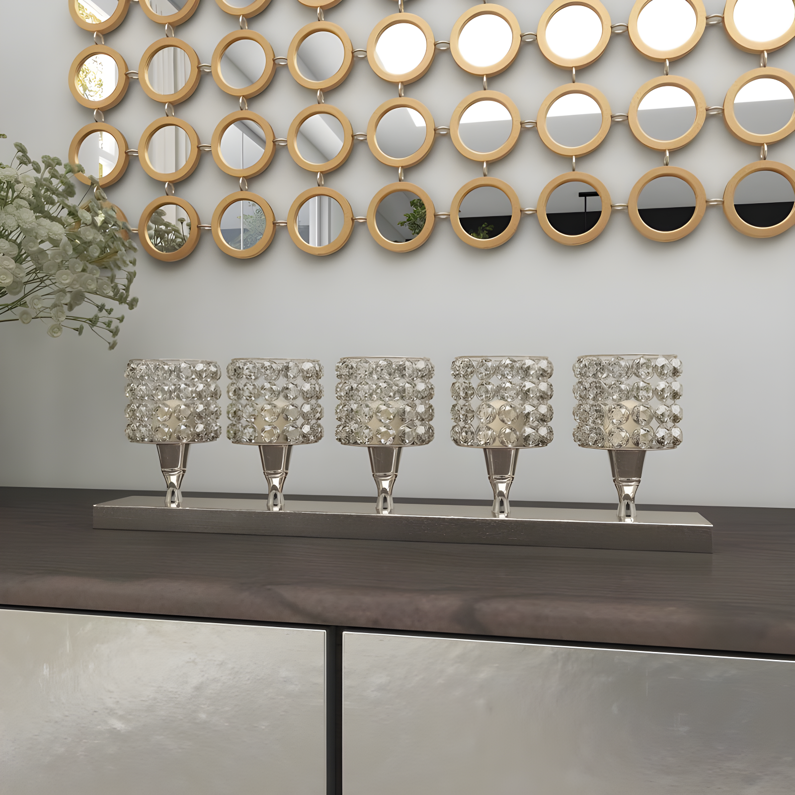 House of Hampton® Aluminum Metal Pillar 5 Crystal Sleeve Decorative Silver Candelabra