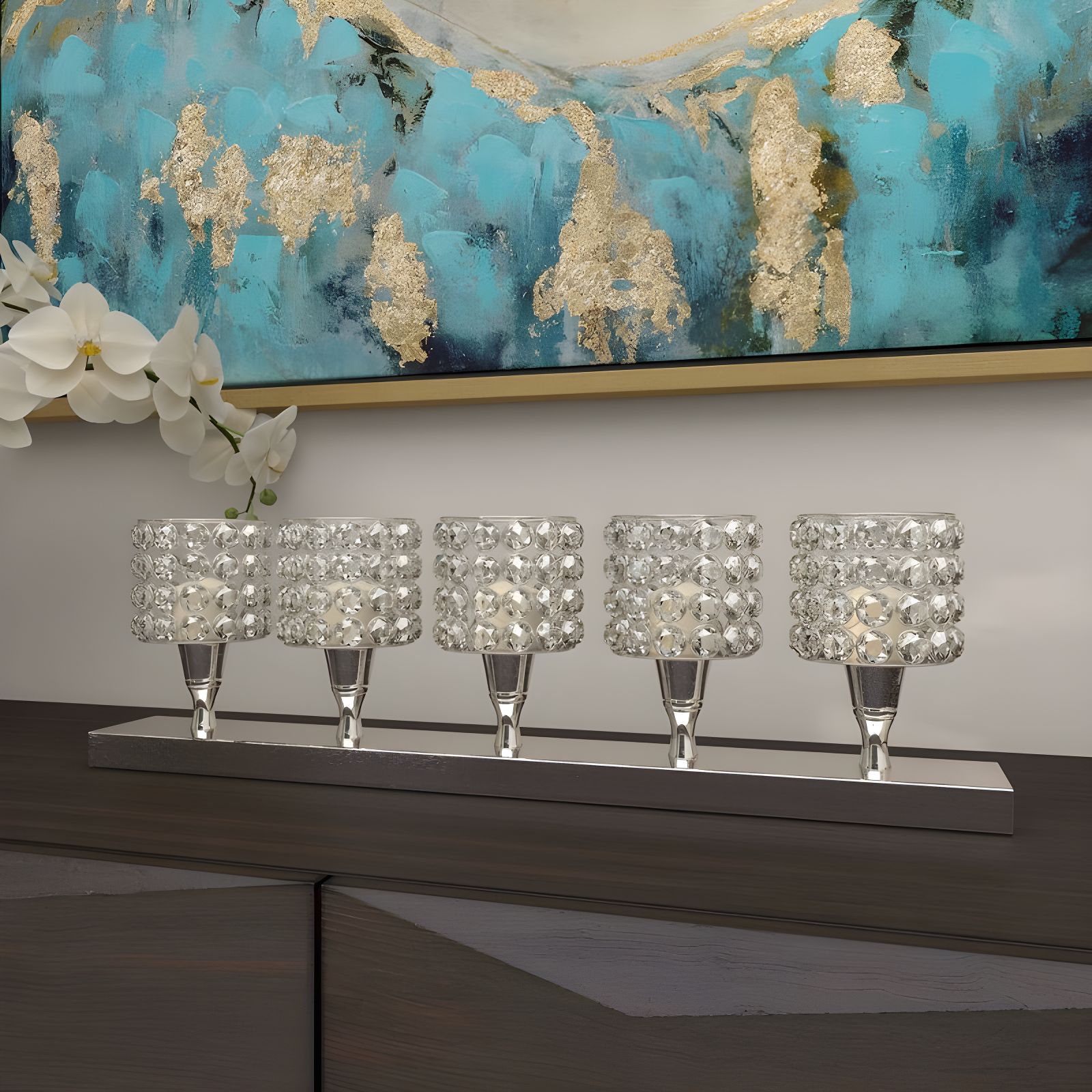 House of Hampton® Aluminum Metal Pillar 5 Crystal Sleeve Decorative Silver Candelabra