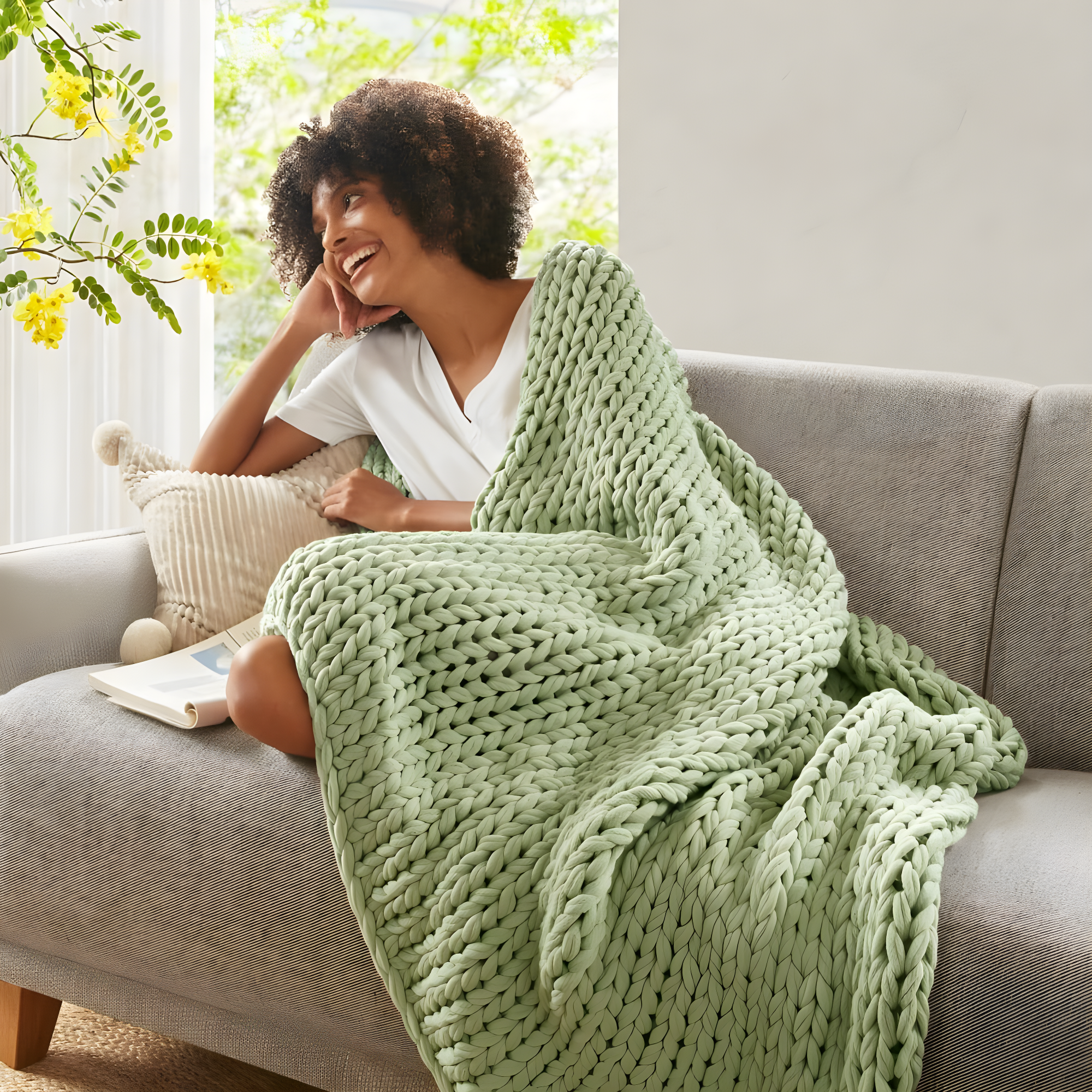 50"x60" Chunky Double Knit Handmade Throw Blanket Sage Green - Madison Park
