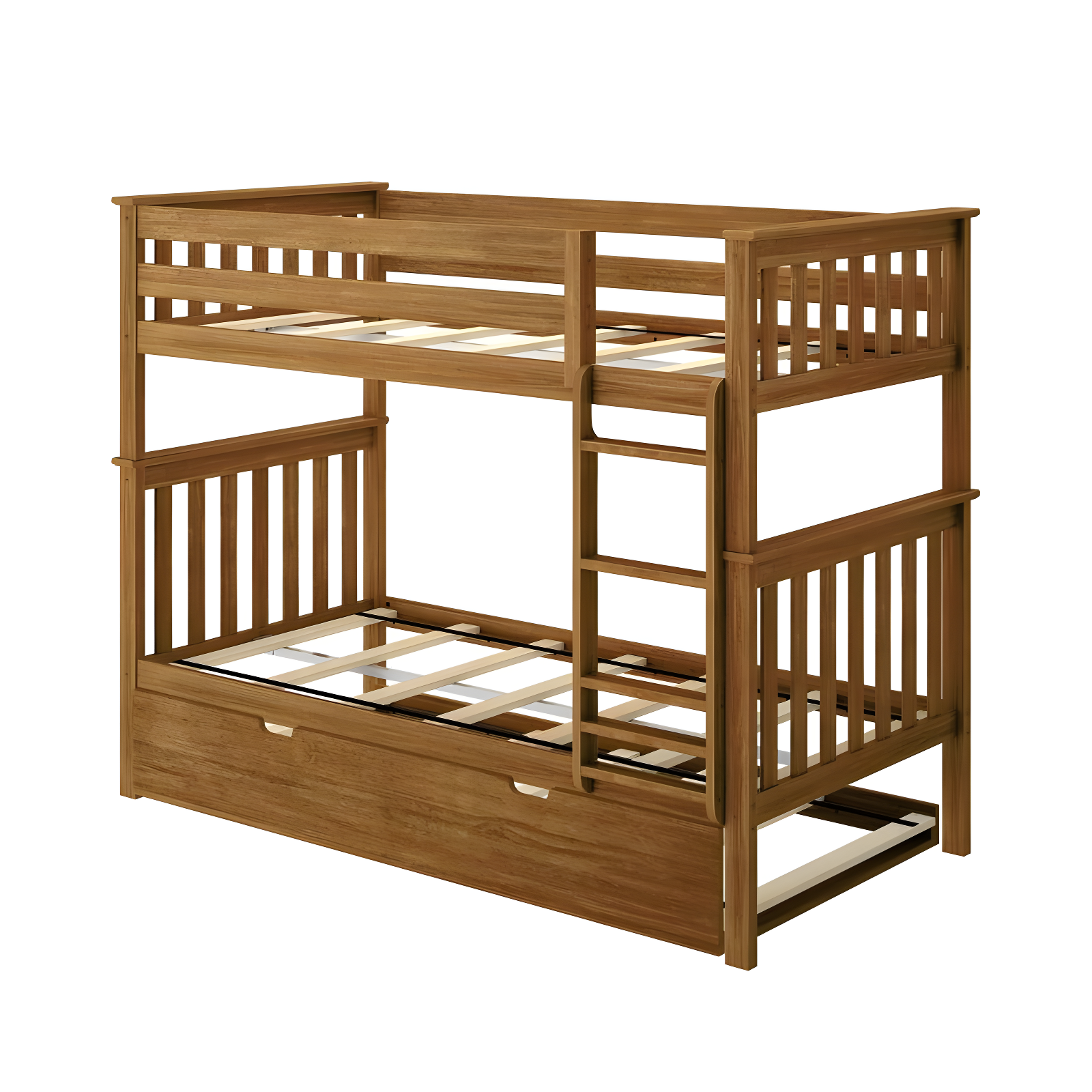 Max & Lily Solid Wood Twin over Twin Bunk Bed with Storage Trundle for Kids, Pecan