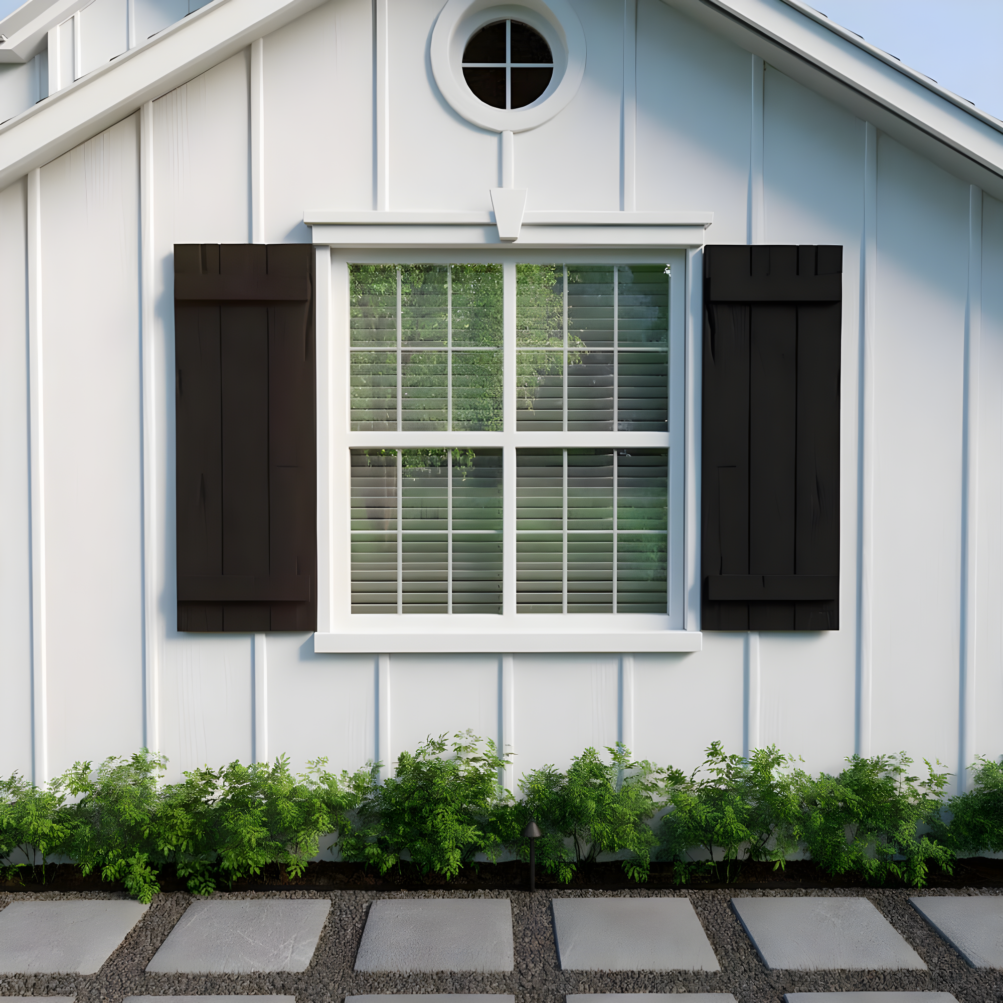 Ekena Millwork 16 1/2"W x 38"H Rustic Three Board Joined Board-n-Batten Hand Hewn Faux Wood Shutters (Per Pair), Primed Tan