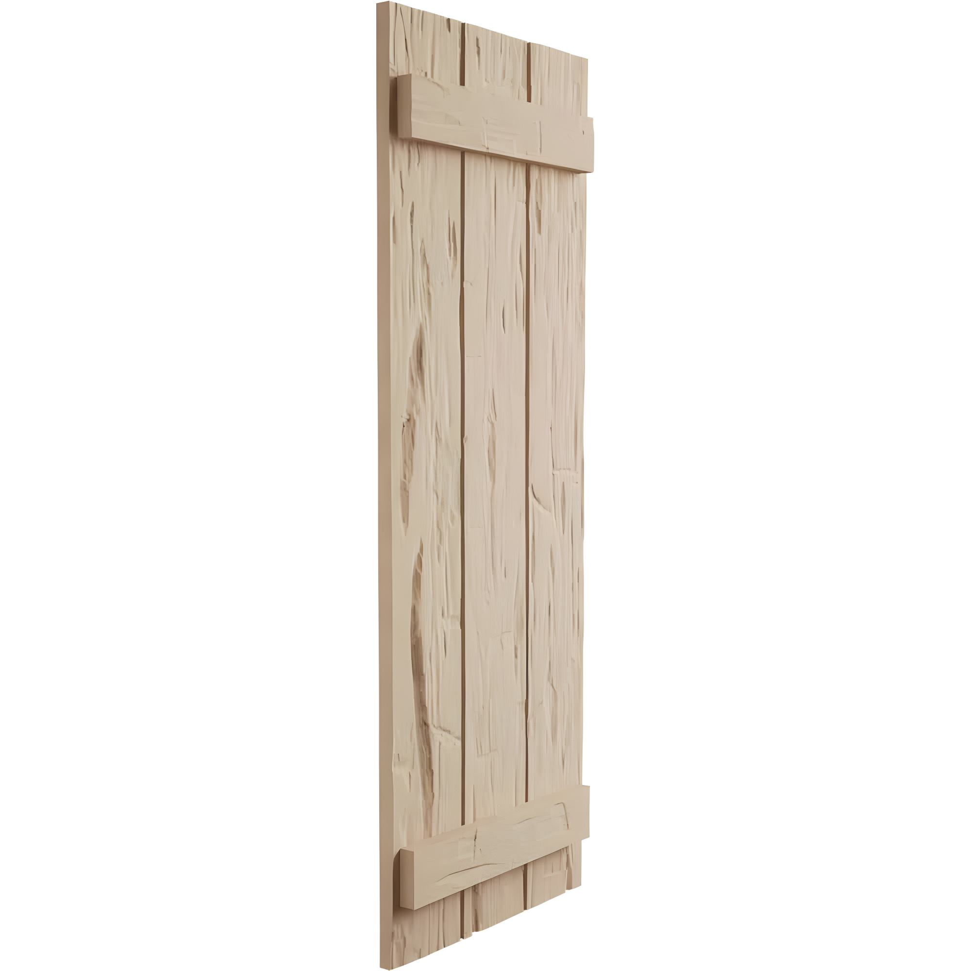 Ekena Millwork 16 1/2"W x 38"H Rustic Three Board Joined Board-n-Batten Hand Hewn Faux Wood Shutters (Per Pair), Primed Tan
