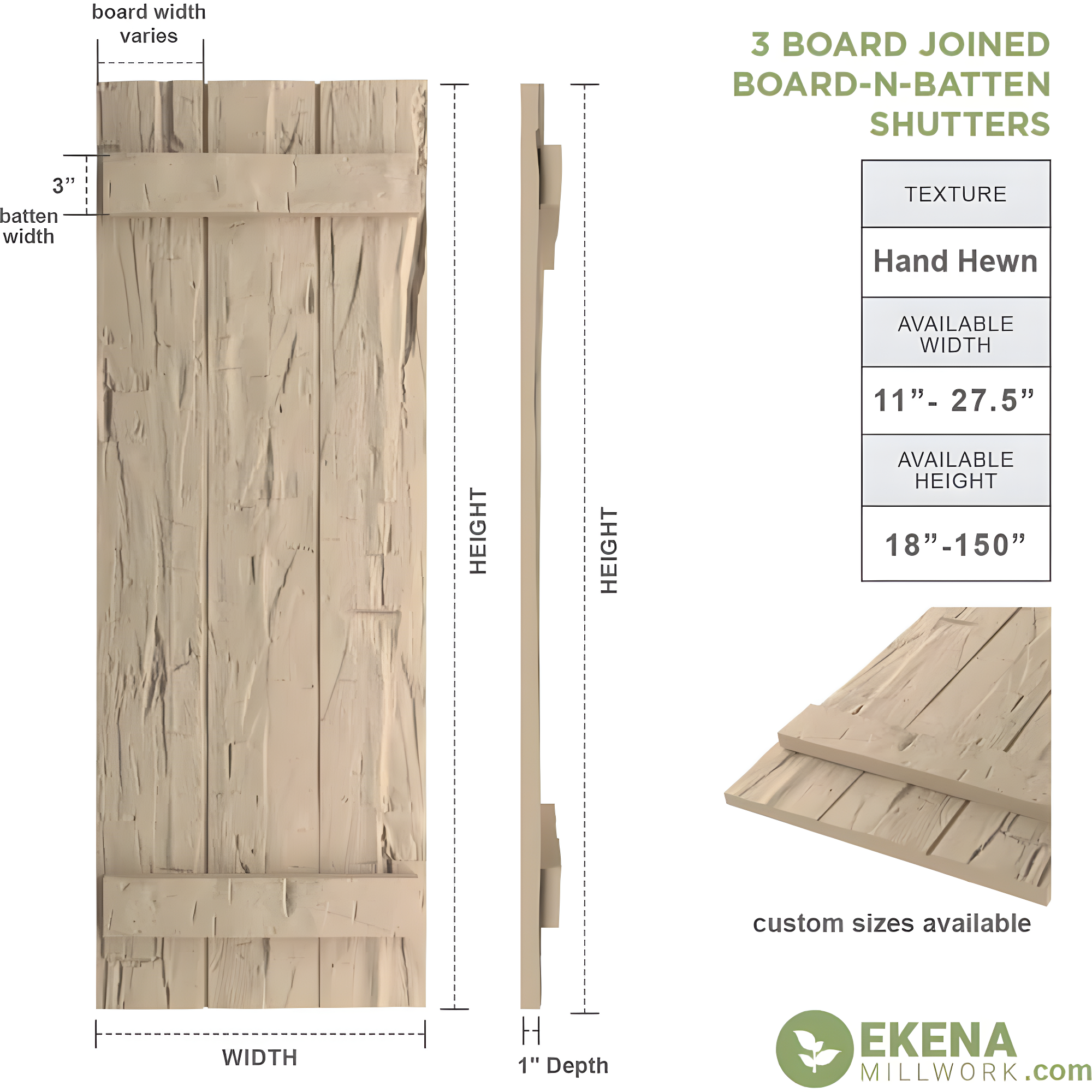 Ekena Millwork 16 1/2"W x 38"H Rustic Three Board Joined Board-n-Batten Hand Hewn Faux Wood Shutters (Per Pair), Primed Tan