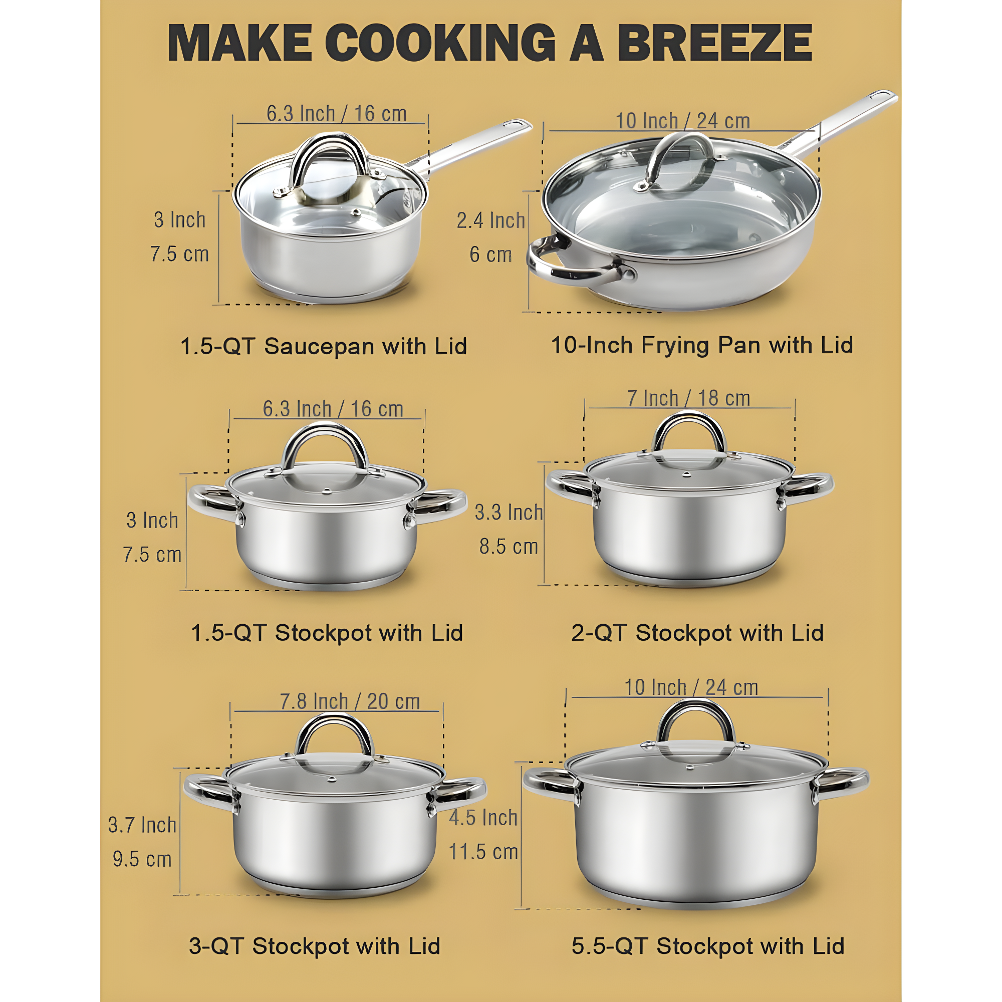 Cook N Home Cook N Home Kitchen Cookware Sets, 12-Piece Basic Stainless Steel Pots and Pans, Silver