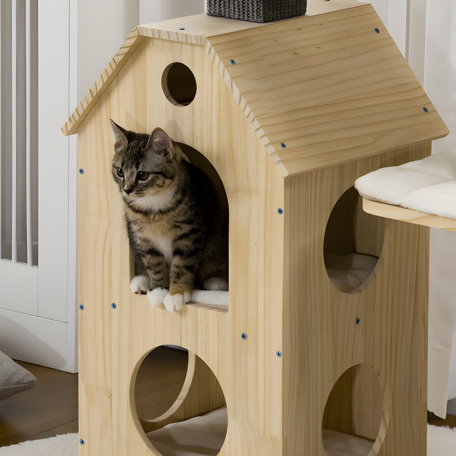PawHut 53" Modern Cat Tree with Scratching Posts, Small Cat Tree with Double-Layer House, Small Cat Tower for Indoor Cat Furniture, Wooden Cat Tree