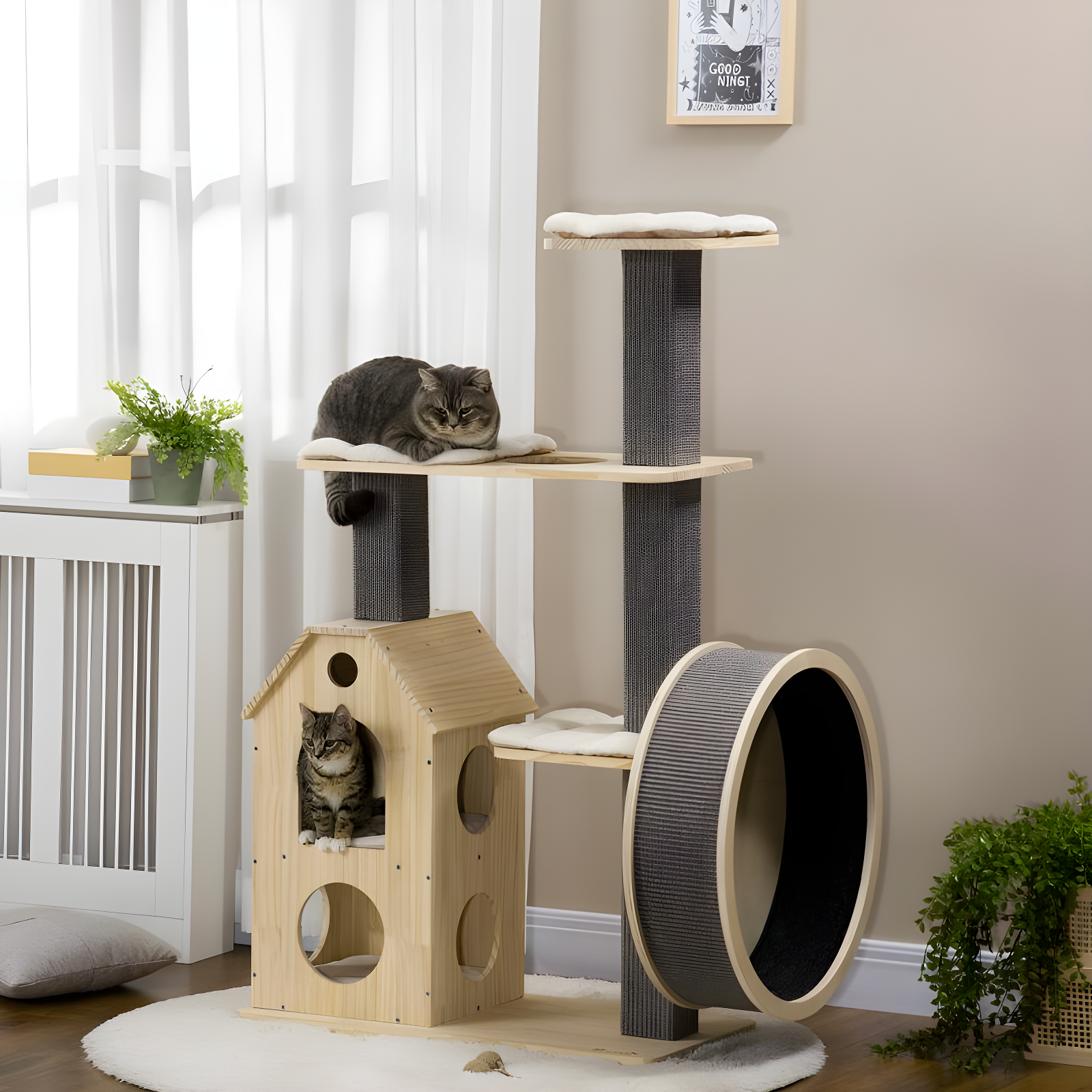 PawHut 53" Modern Cat Tree with Scratching Posts, Small Cat Tree with Double-Layer House, Small Cat Tower for Indoor Cat Furniture, Wooden Cat Tree
