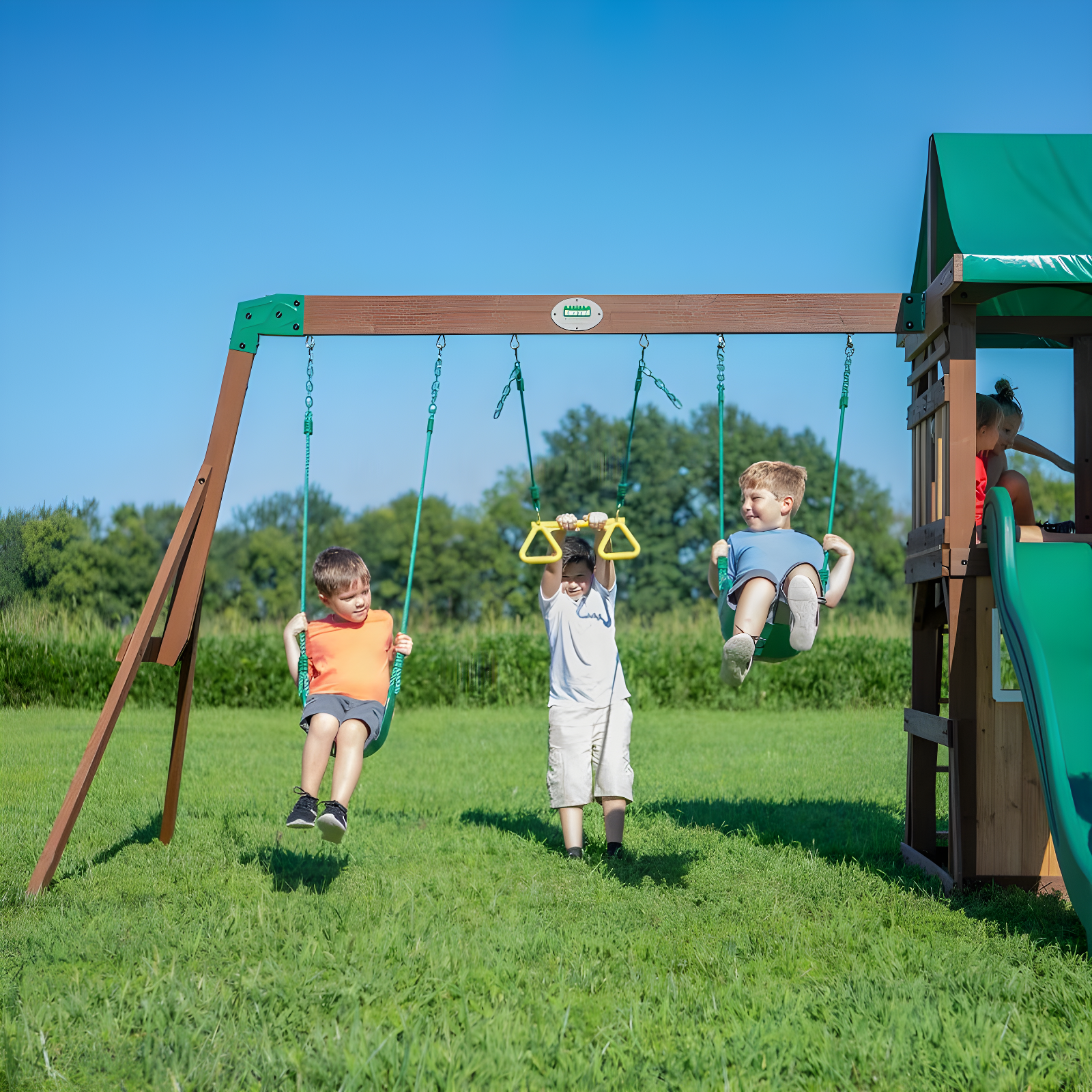 Backyard Discovery Backyard Discovery Lakewood Cedar Wood Swing Set with Wave Slide, Clubhouse, Playhouse, and Snack Bar Window