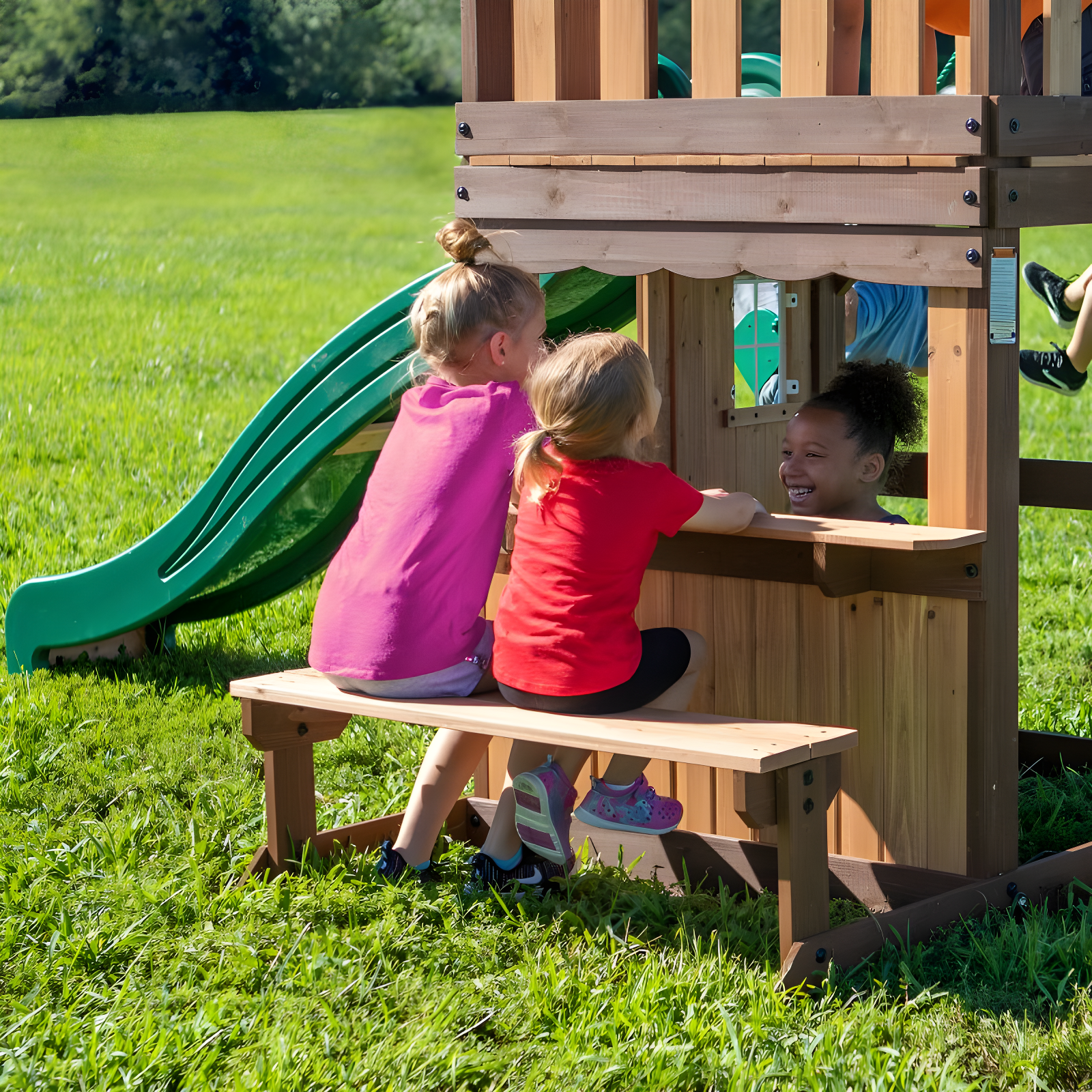 Backyard Discovery Backyard Discovery Lakewood Cedar Wood Swing Set with Wave Slide, Clubhouse, Playhouse, and Snack Bar Window