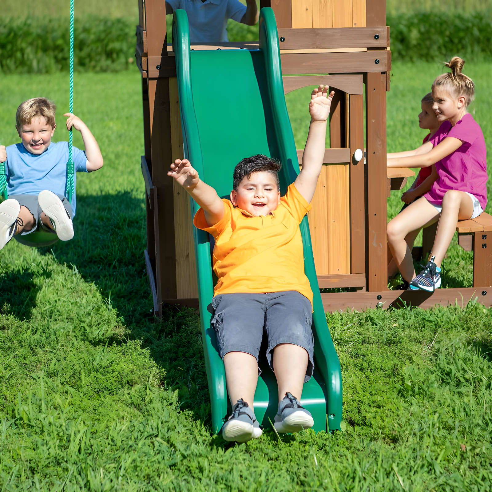 Backyard Discovery Backyard Discovery Lakewood Cedar Wood Swing Set with Wave Slide, Clubhouse, Playhouse, and Snack Bar Window