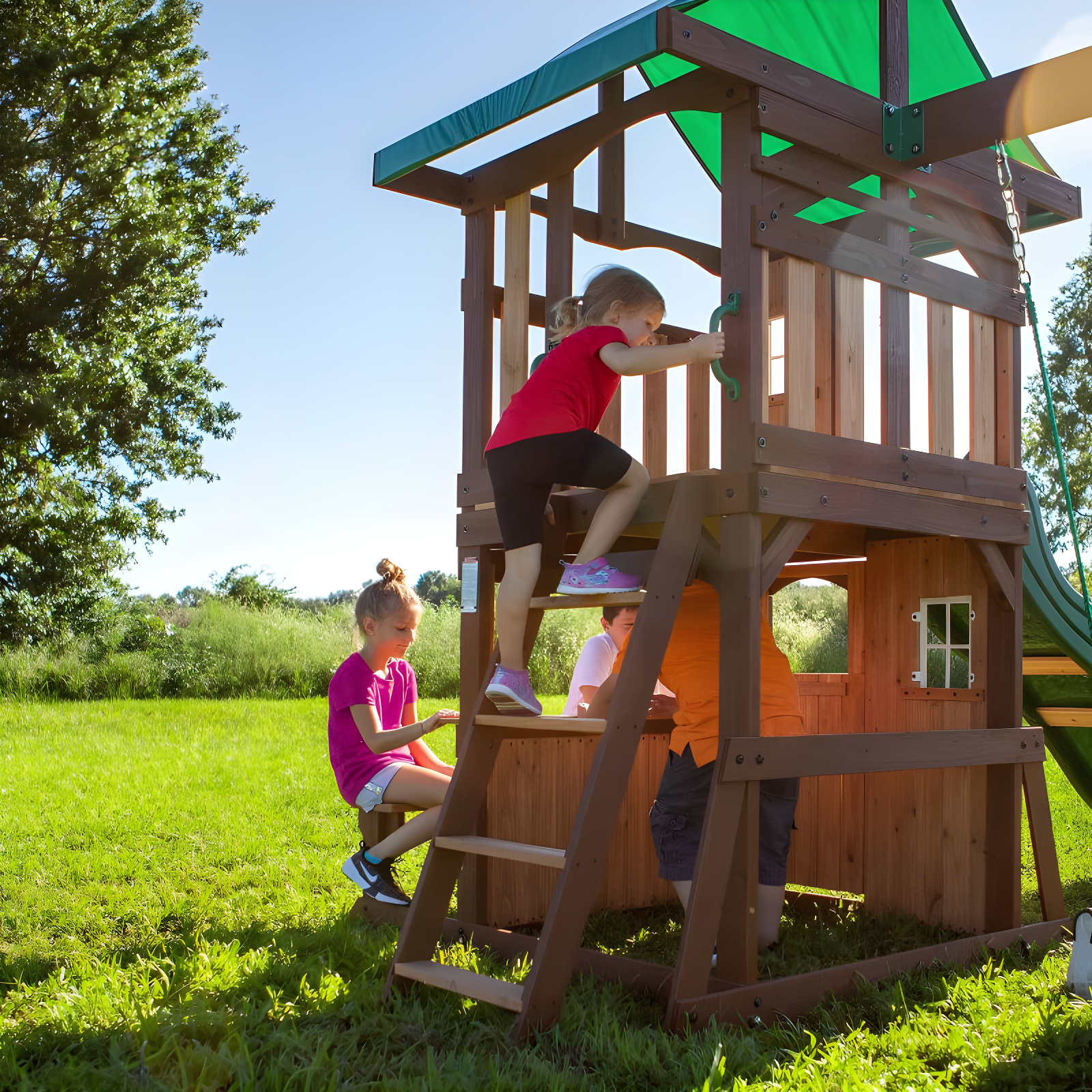 Backyard Discovery Backyard Discovery Lakewood Cedar Wood Swing Set with Wave Slide, Clubhouse, Playhouse, and Snack Bar Window