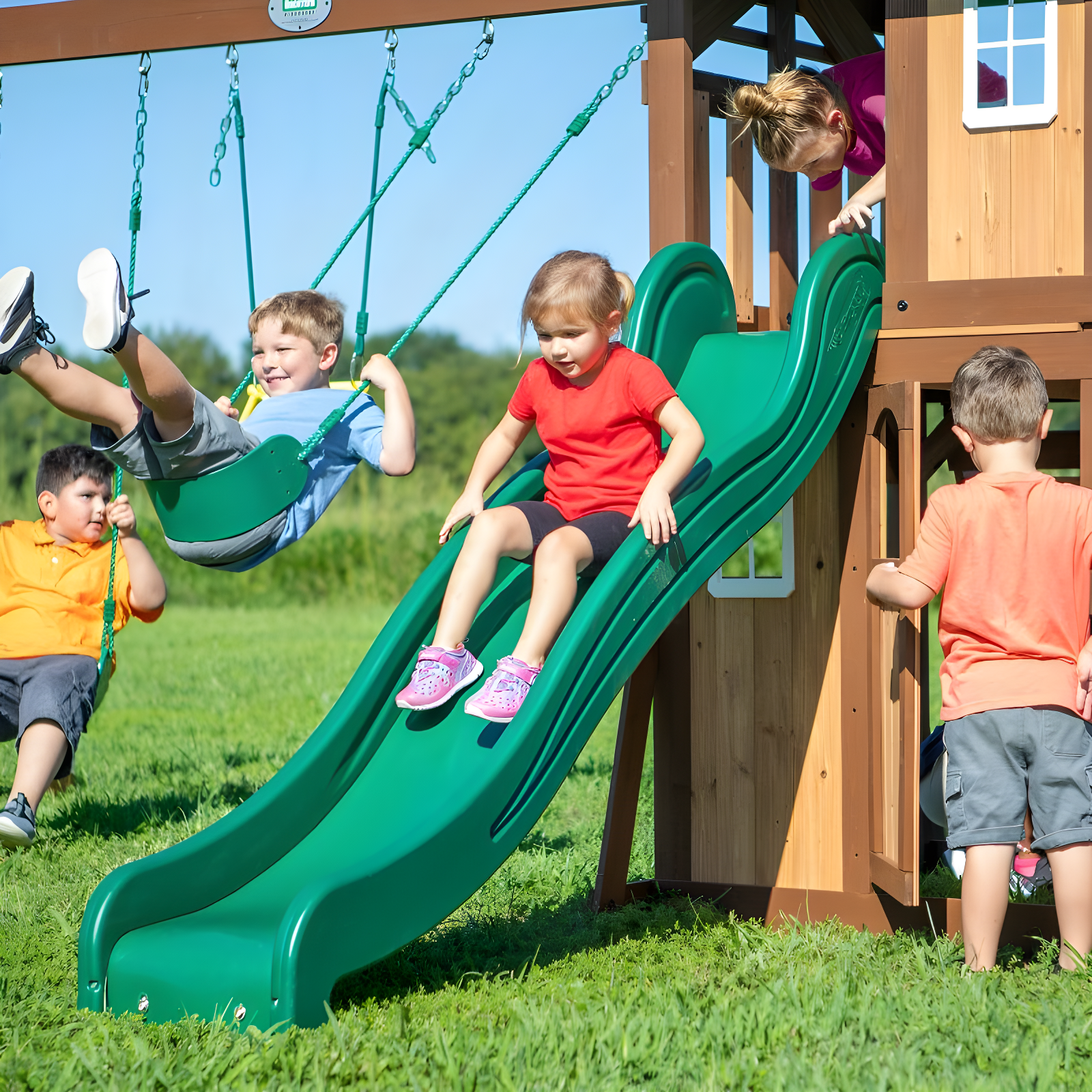 Backyard Discovery Backyard Discovery Lakewood Cedar Wood Swing Set with Wave Slide, Clubhouse, Playhouse, and Snack Bar Window