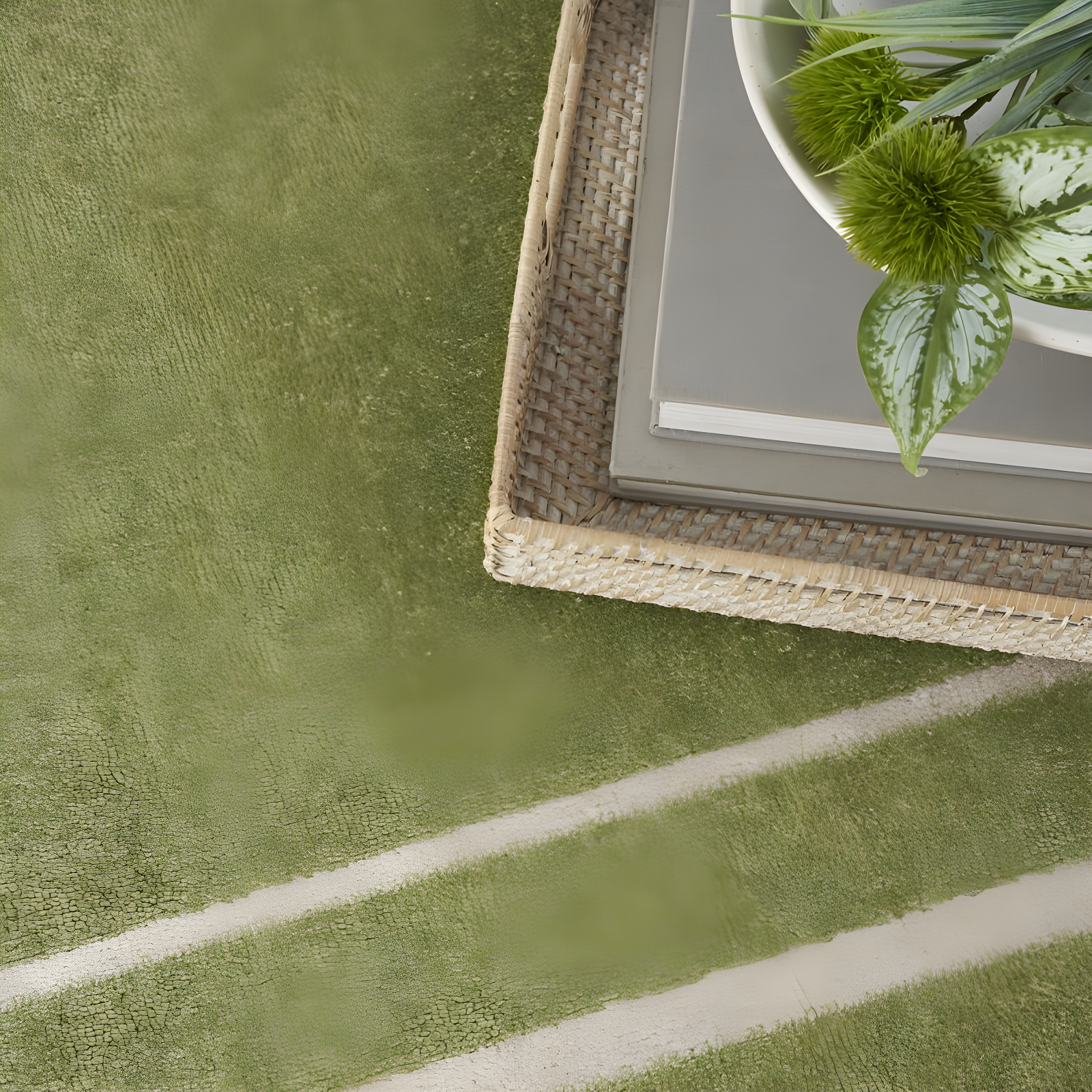 Nourison Essentials Solid Bordered Low Pile Indoor Outdoor Area Rug 4' x 6' Green Ivory