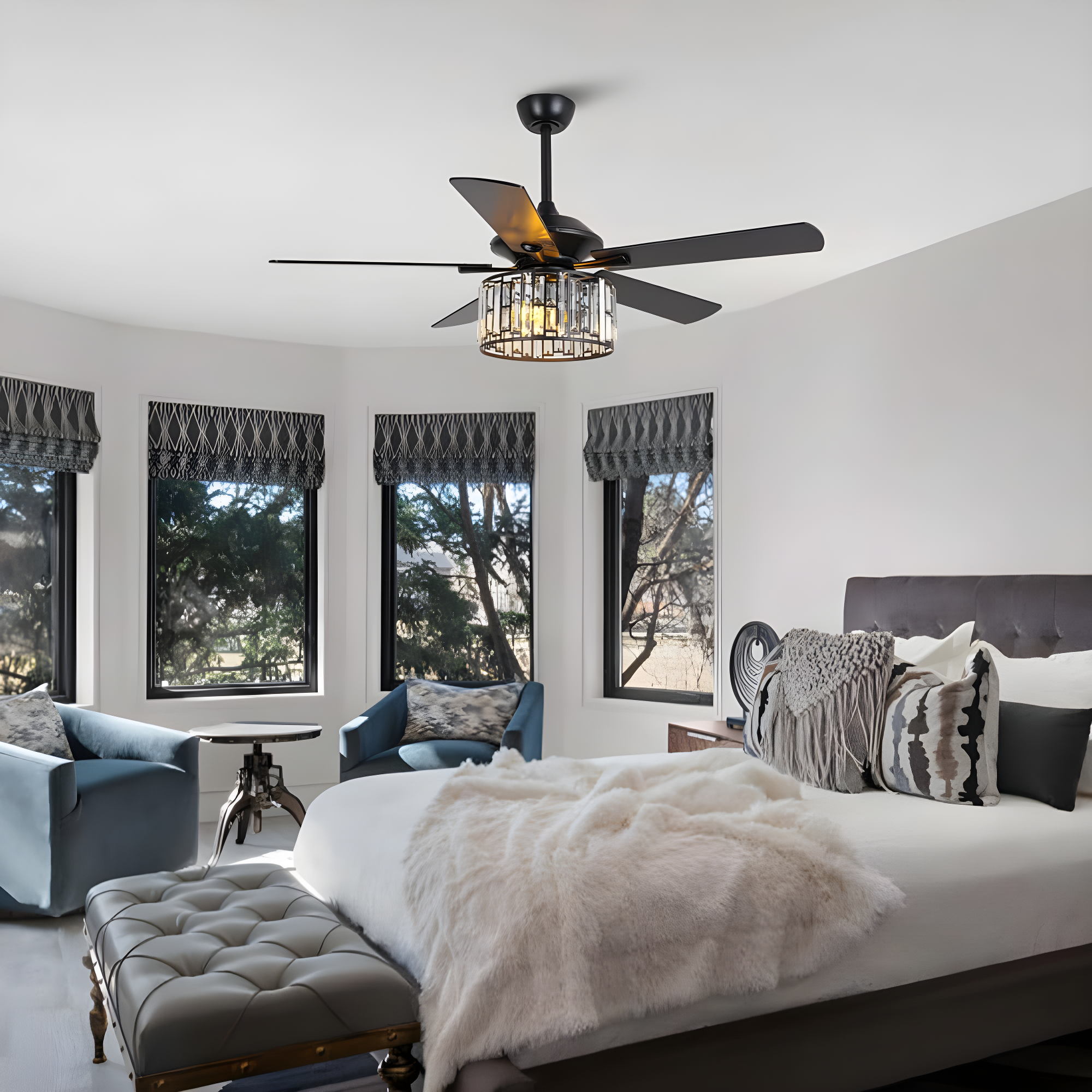 Parrot Uncle 52" Modern Black Crystal Ceiling Fan with Light and Remote