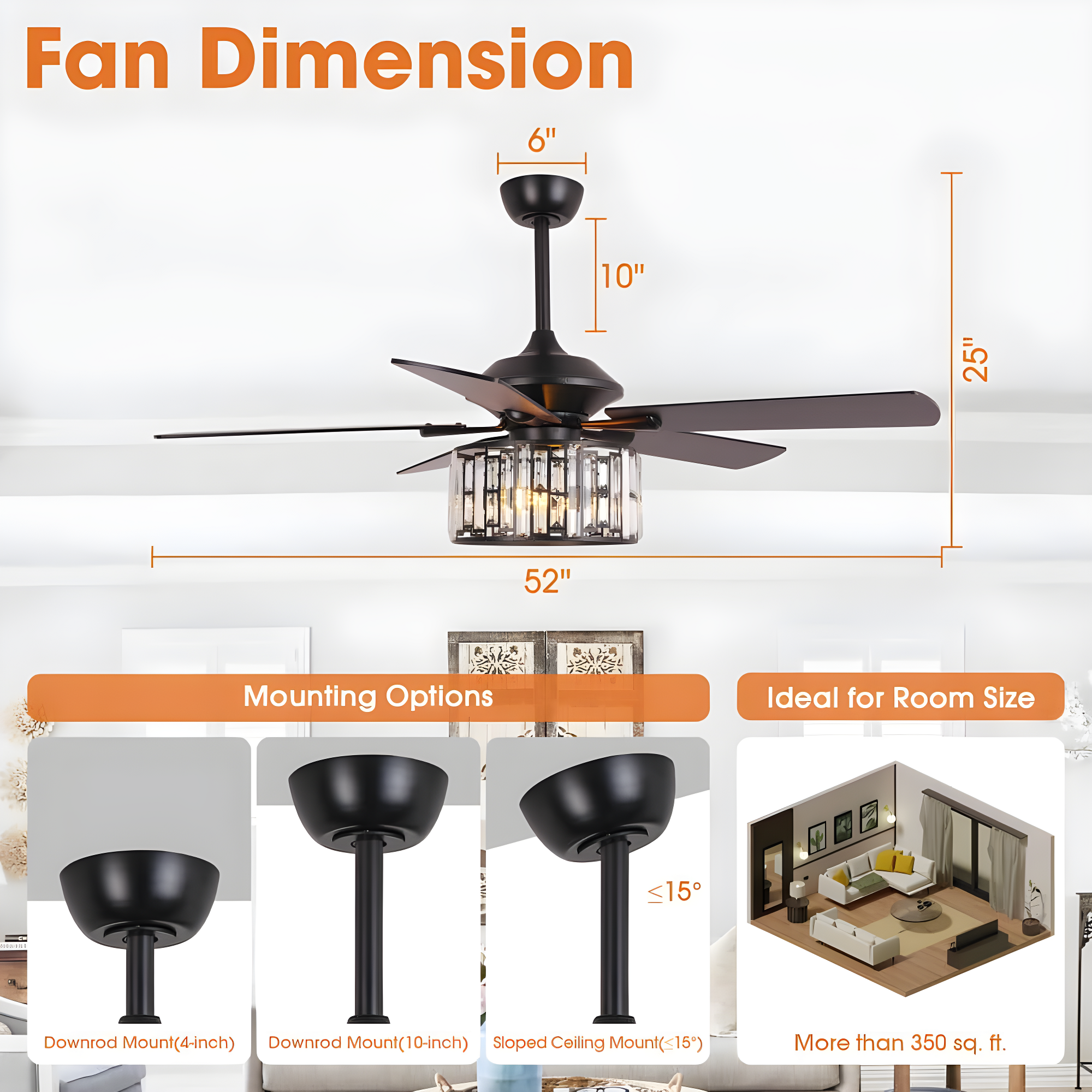 Parrot Uncle 52" Modern Black Crystal Ceiling Fan with Light and Remote