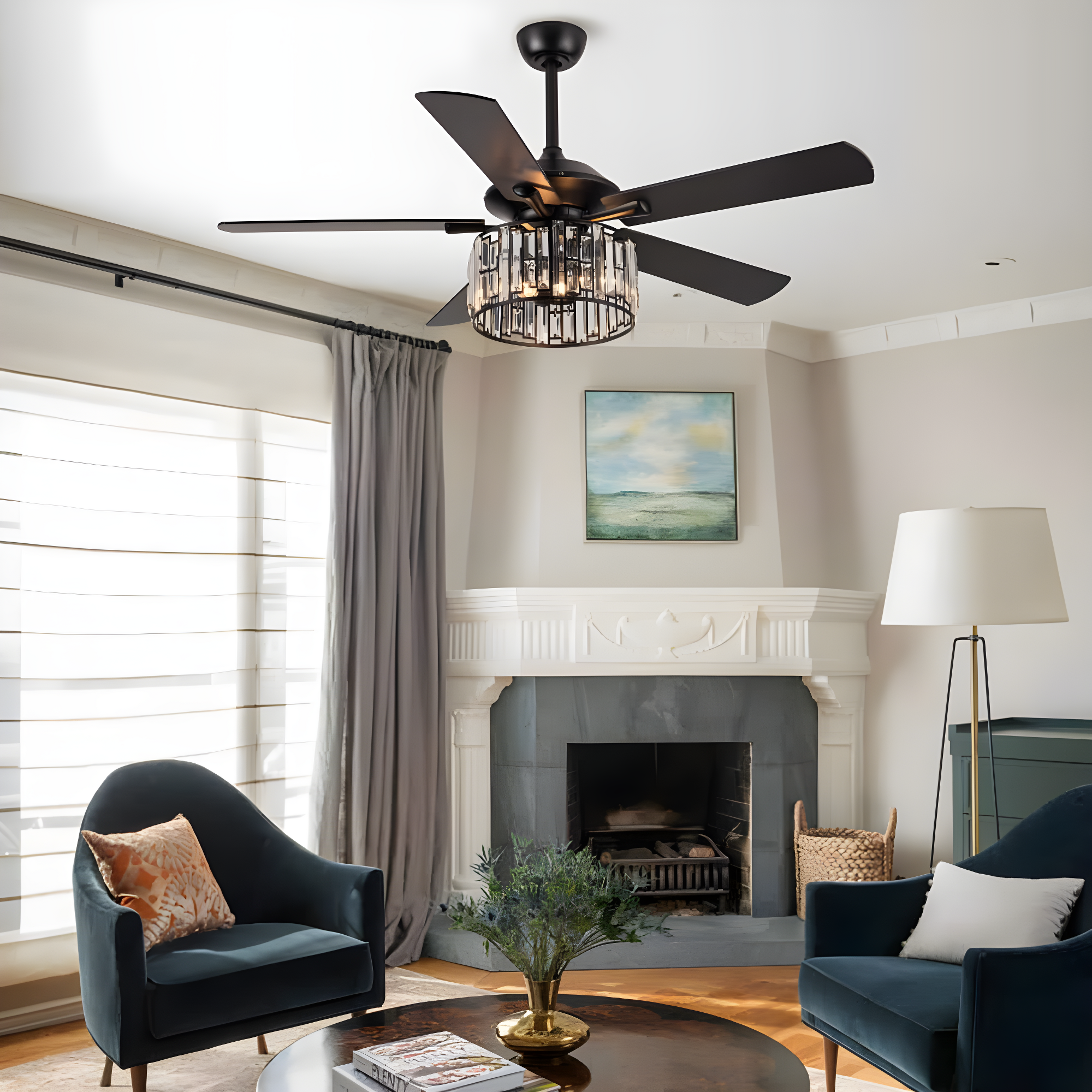 Parrot Uncle 52" Modern Black Crystal Ceiling Fan with Light and Remote