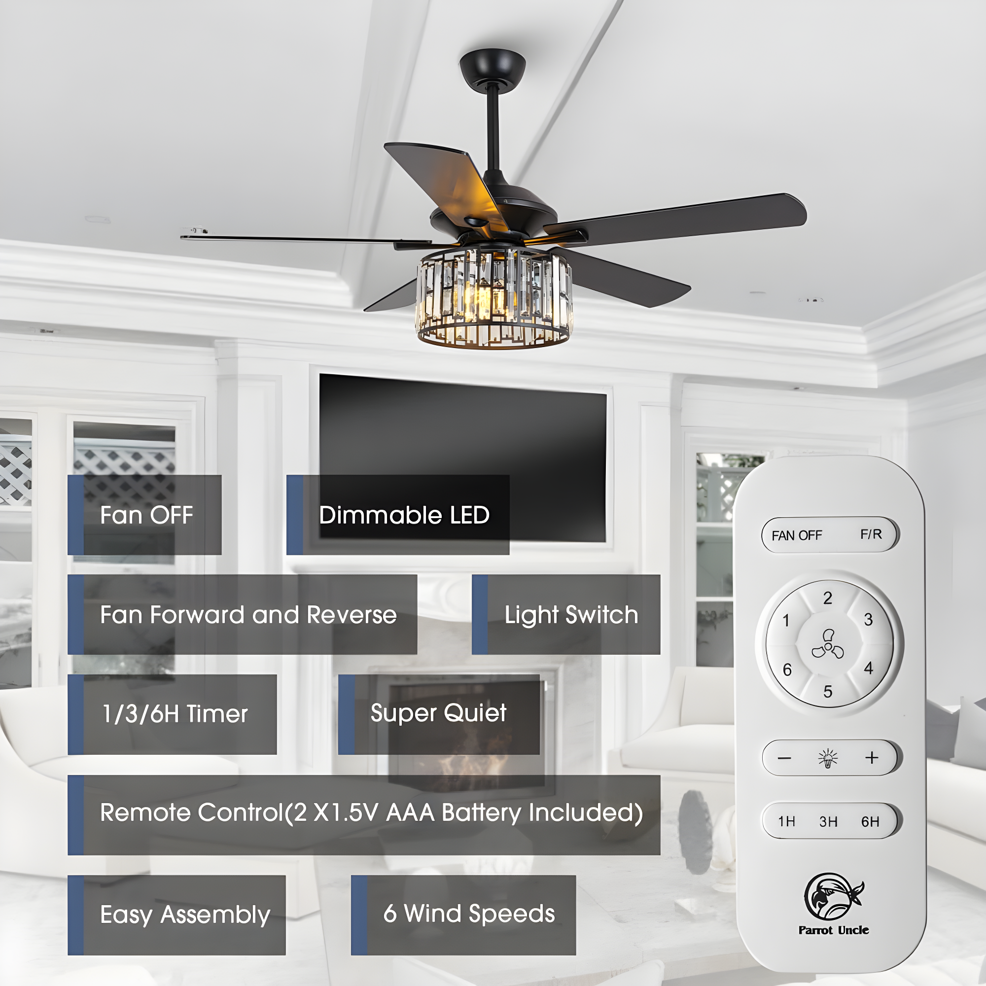 Parrot Uncle 52" Modern Black Crystal Ceiling Fan with Light and Remote