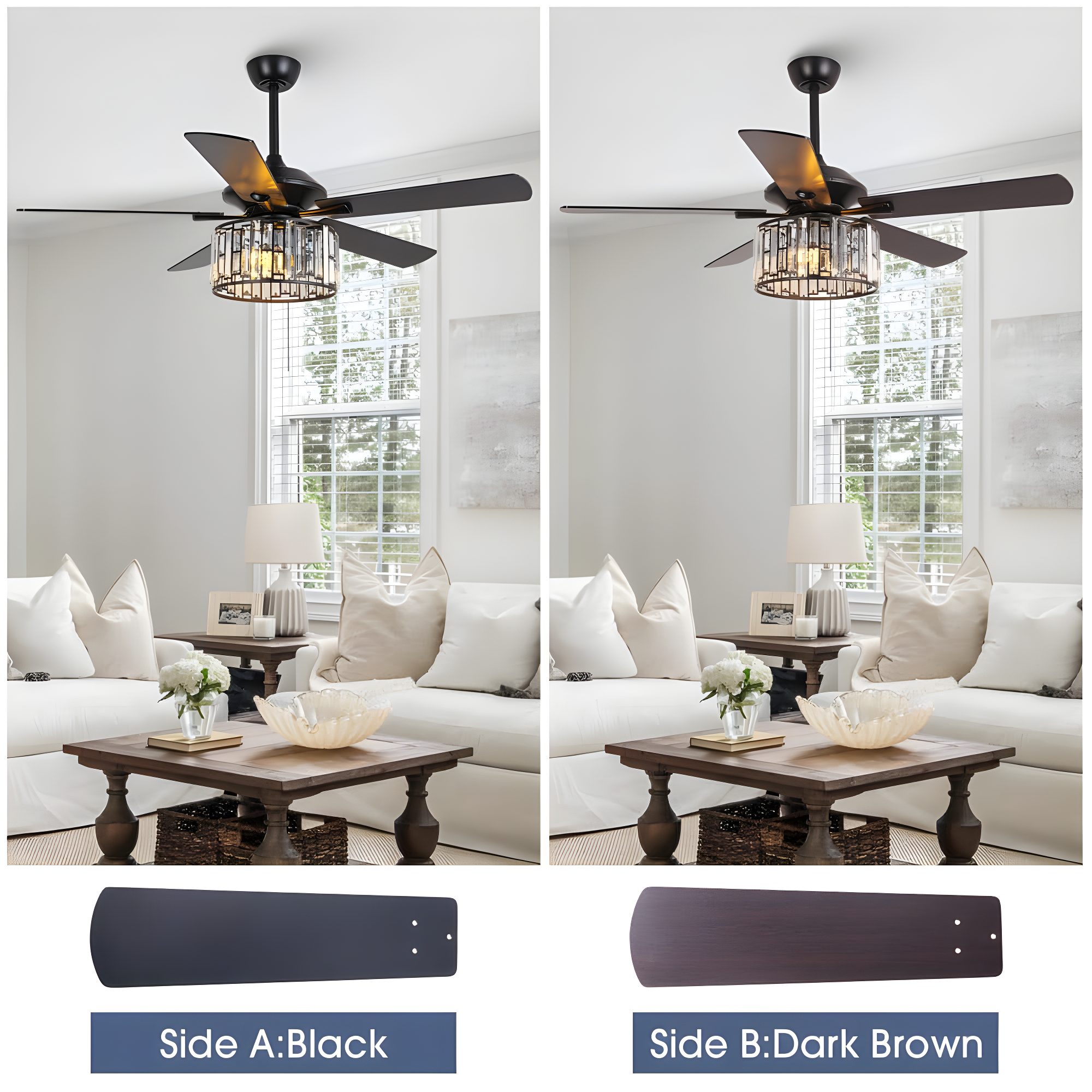 Parrot Uncle 52" Modern Black Crystal Ceiling Fan with Light and Remote