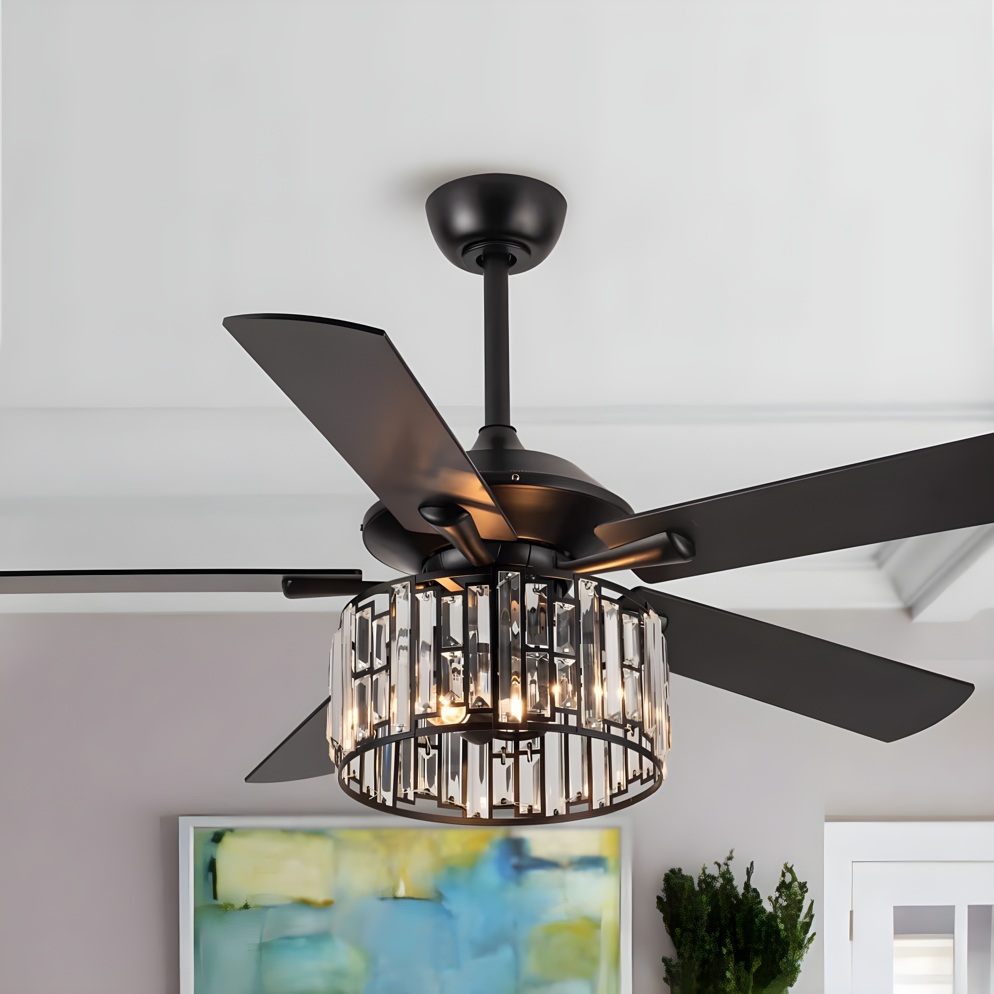 Parrot Uncle 52" Modern Black Crystal Ceiling Fan with Light and Remote