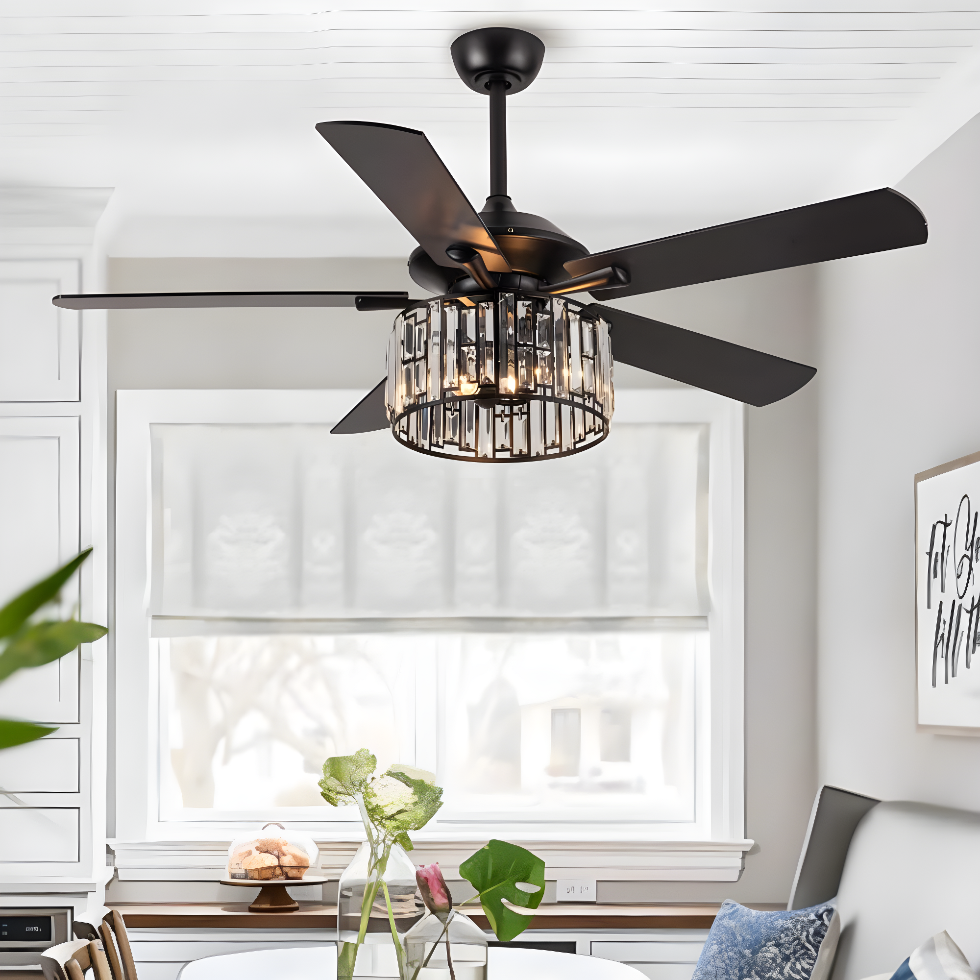 Parrot Uncle 52" Modern Black Crystal Ceiling Fan with Light and Remote