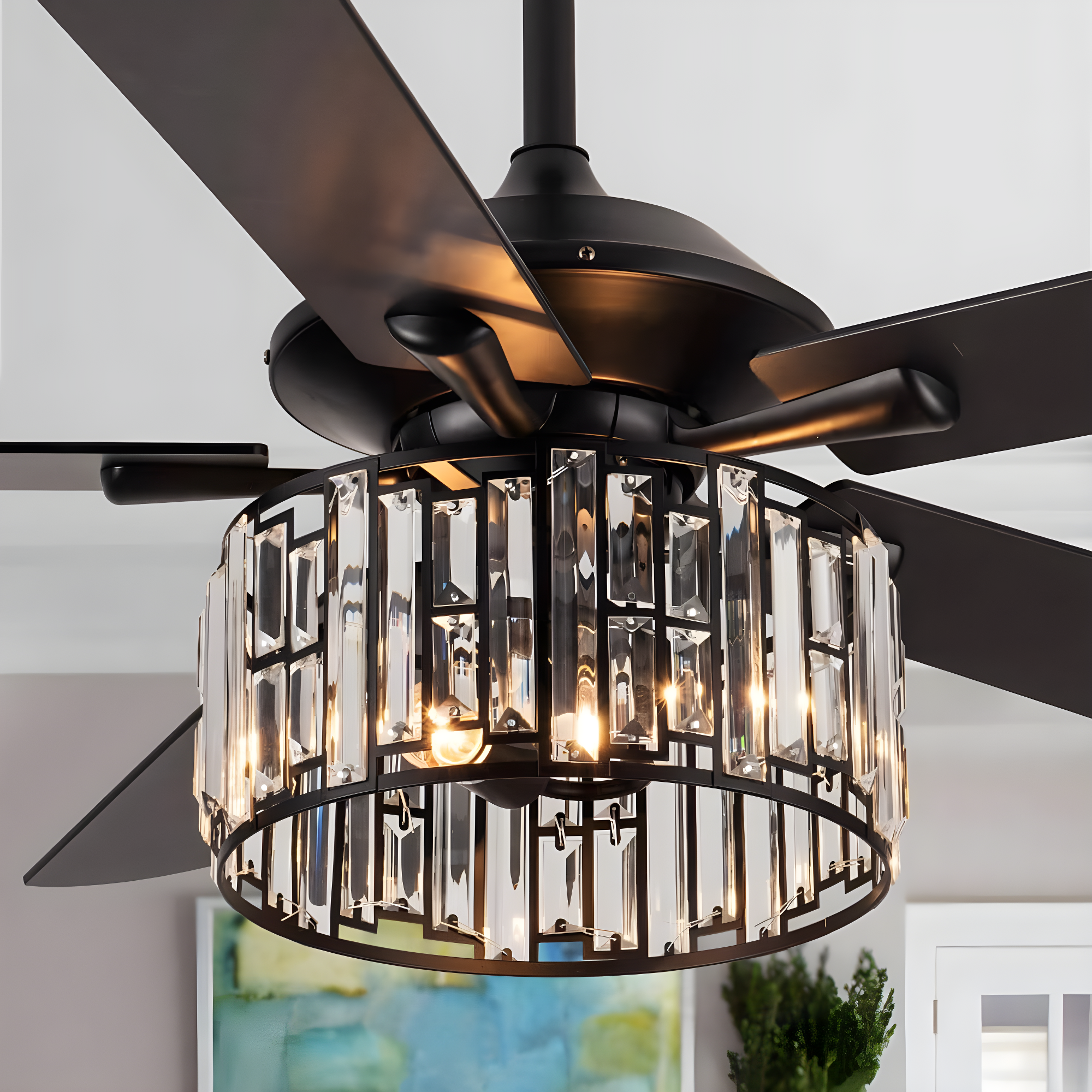 Parrot Uncle 52" Modern Black Crystal Ceiling Fan with Light and Remote