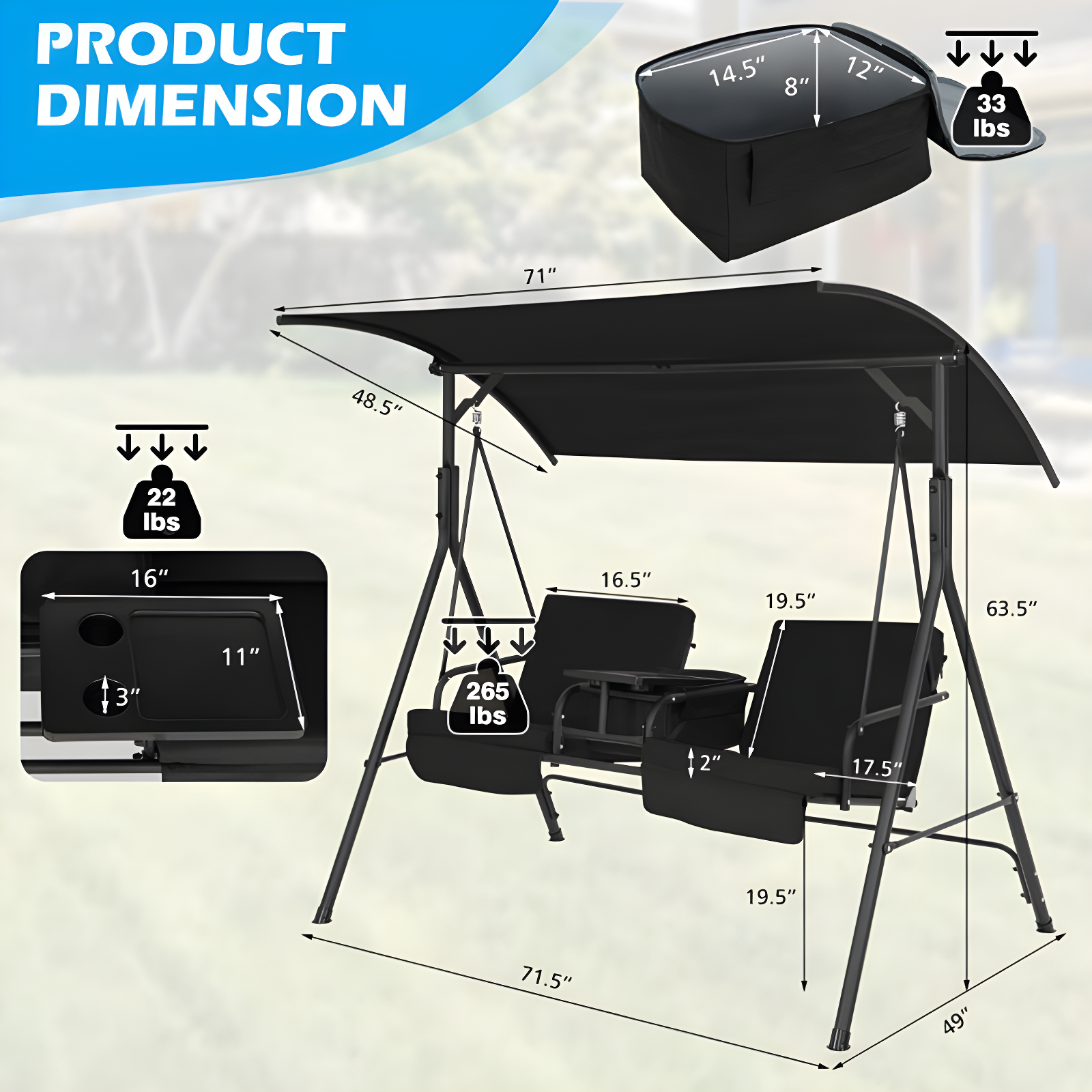 Porch Swing Chair With Adjustable Canopy
