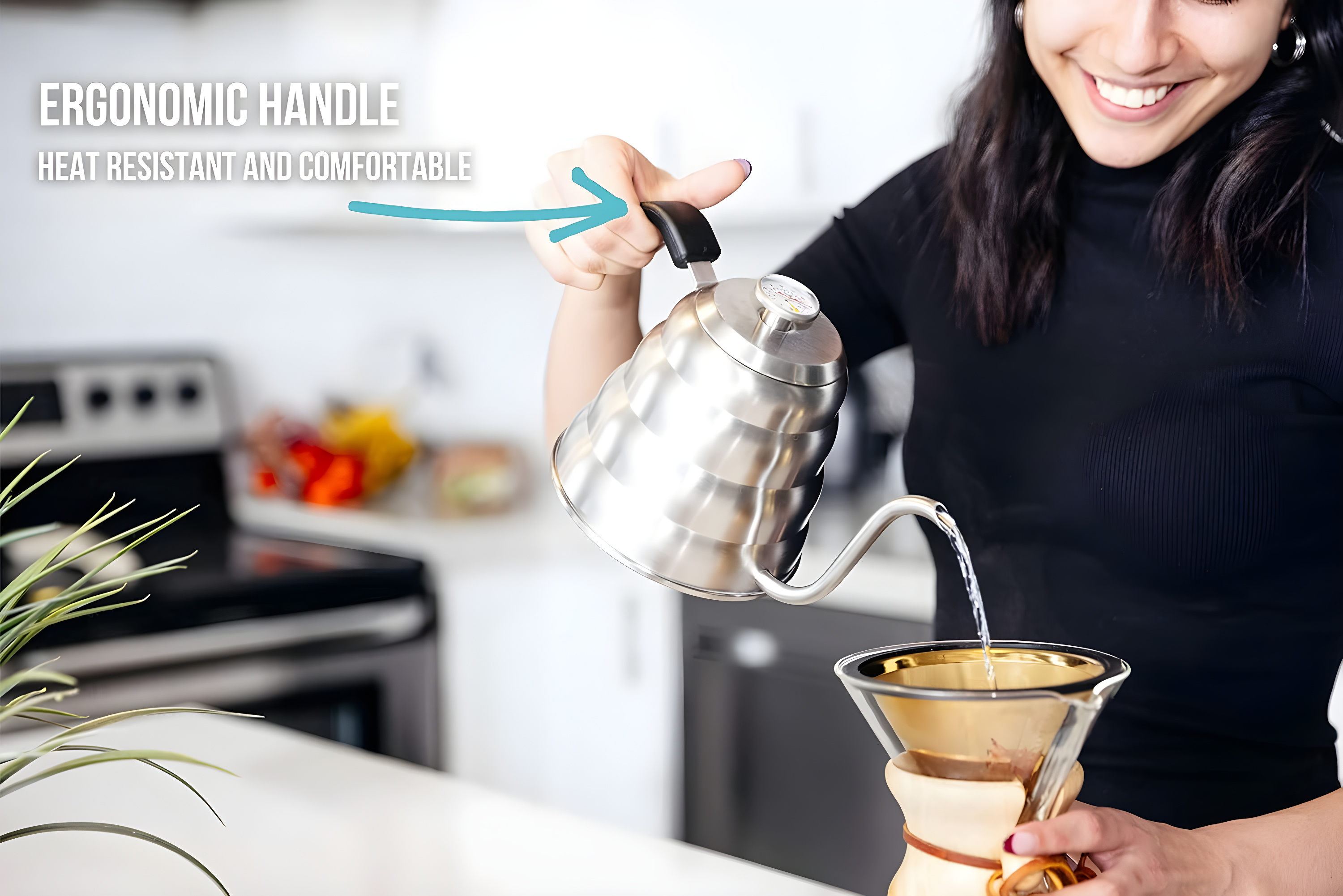 Barista Warrior Gooseneck Kettle with Thermometer for Pour Over Coffee and Tea 1.0L - Silver