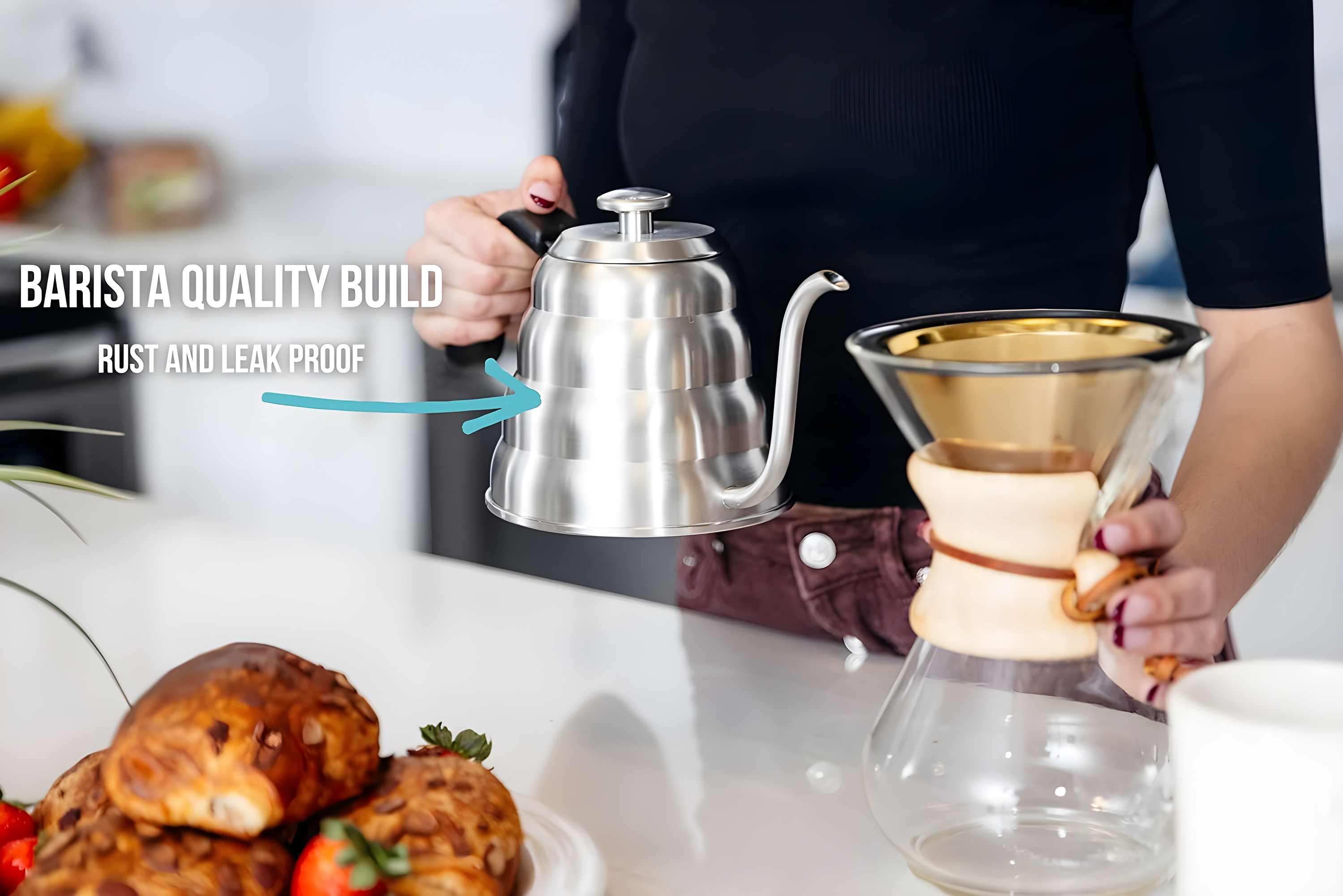 Barista Warrior Gooseneck Kettle with Thermometer for Pour Over Coffee and Tea 1.0L - Silver