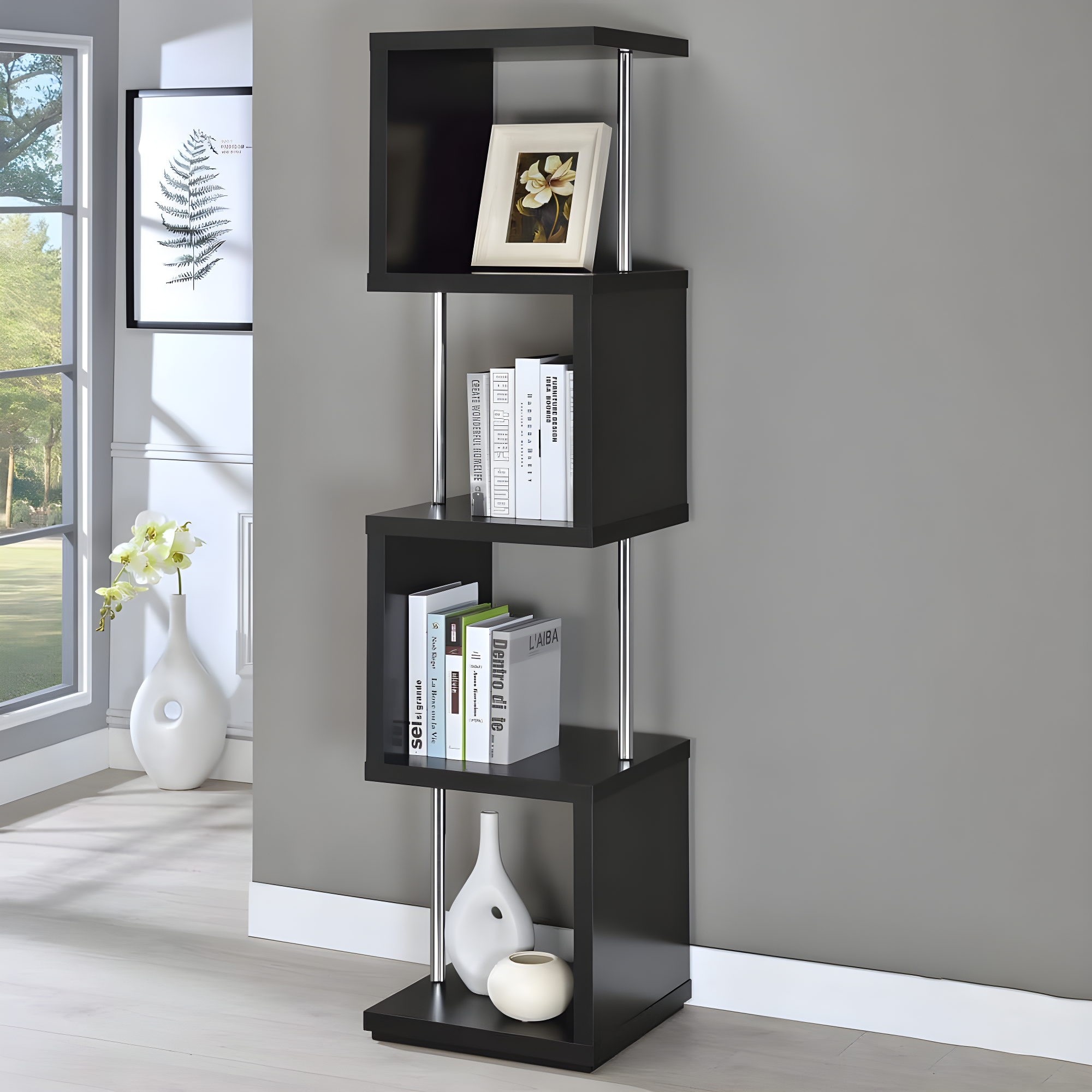 66.5" Baxter 4 Shelf Zig Zag Bookcase with Chrome Details Black - Coaster: Modern Storage Display
