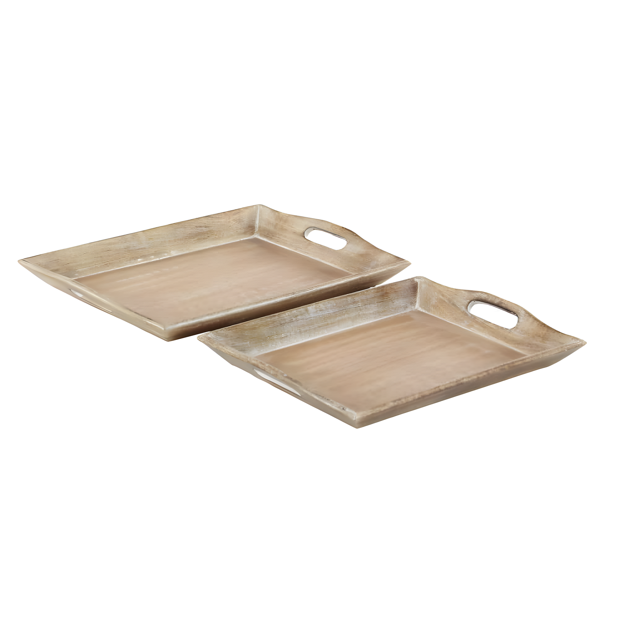 Olivia & May Set of 2 Traditional Whitewashed Natural Mango Wood Serving Trays Brown: Ottoman Style, with Handles