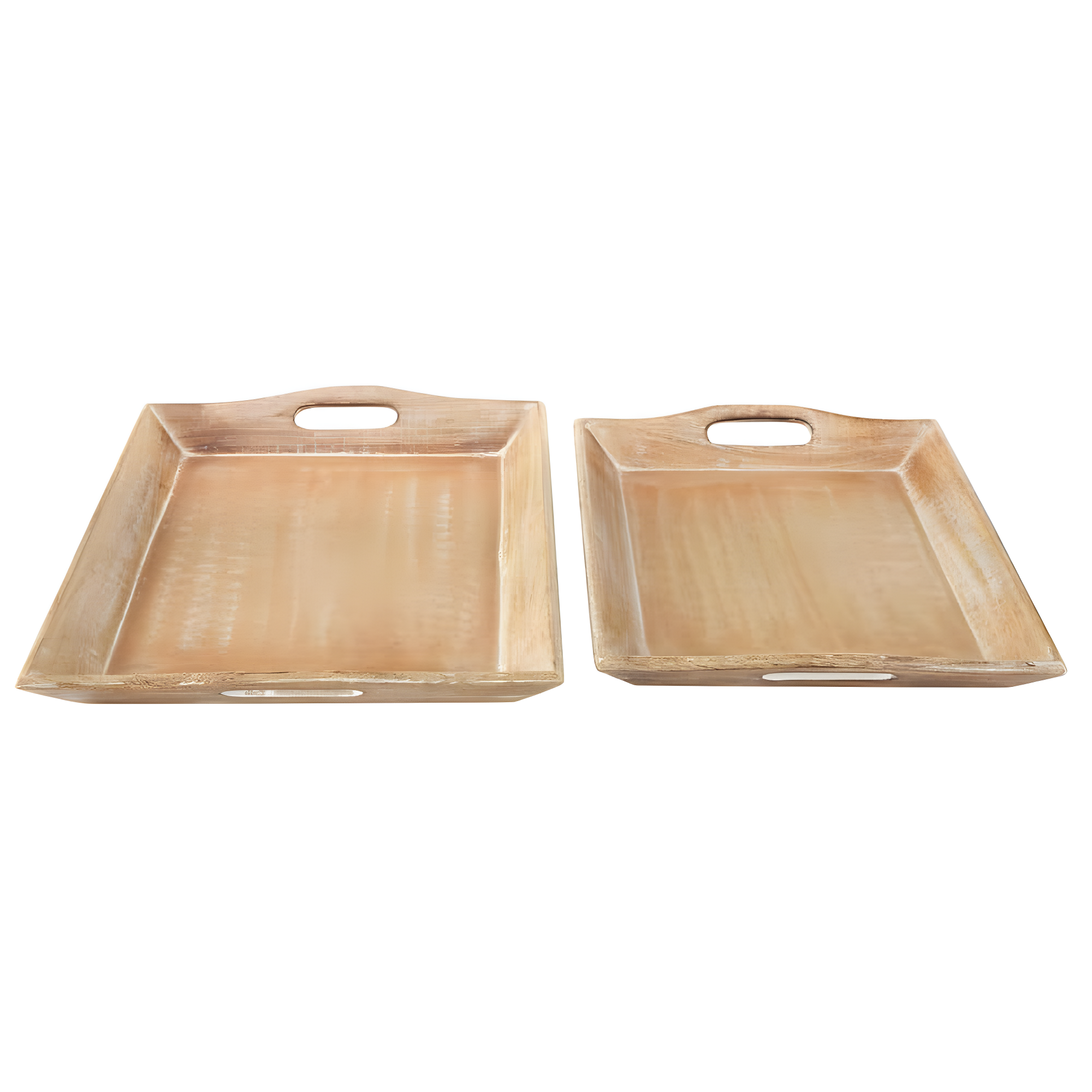 Olivia & May Set of 2 Traditional Whitewashed Natural Mango Wood Serving Trays Brown: Ottoman Style, with Handles