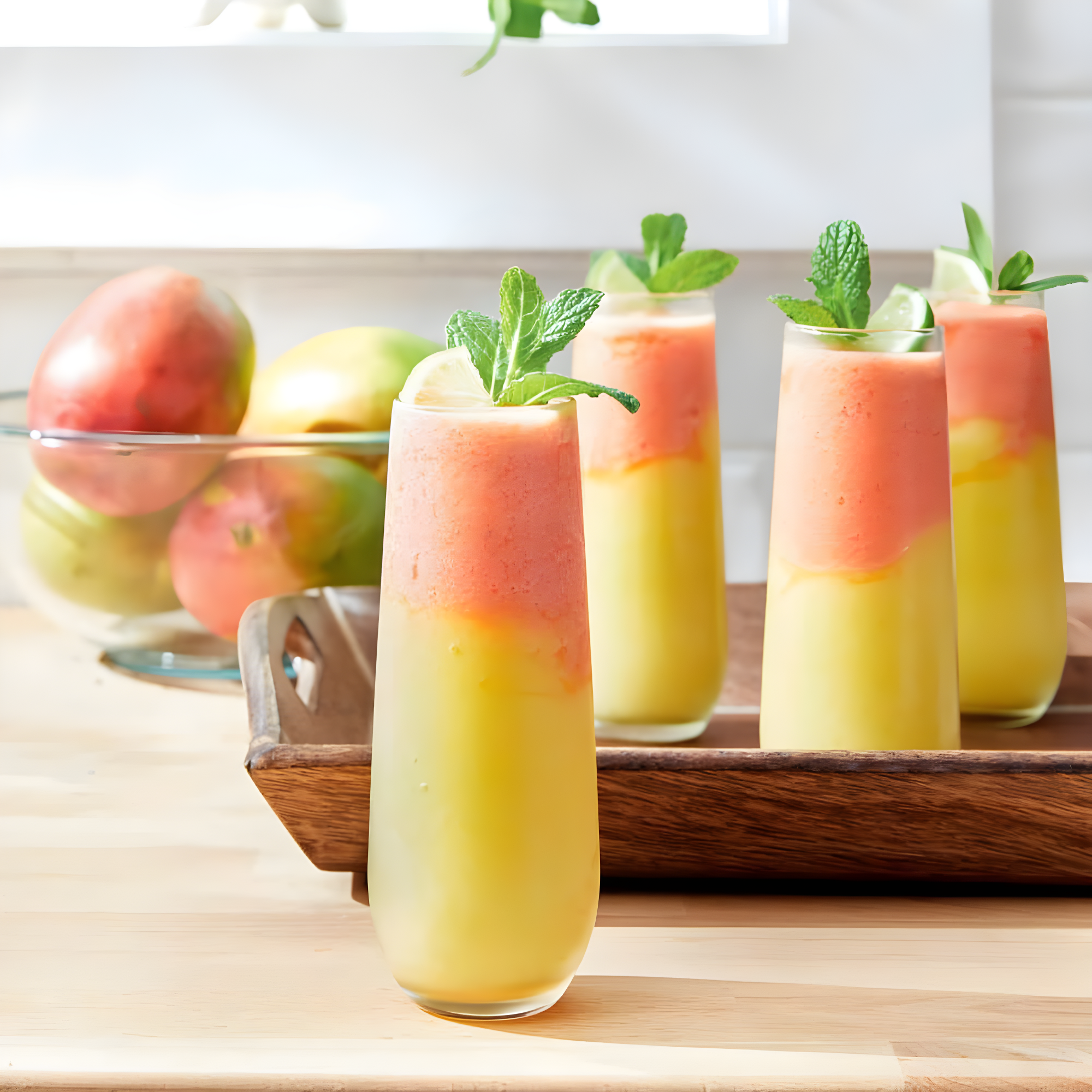 Olivia & May Set of 2 Traditional Whitewashed Natural Mango Wood Serving Trays Brown: Ottoman Style, with Handles