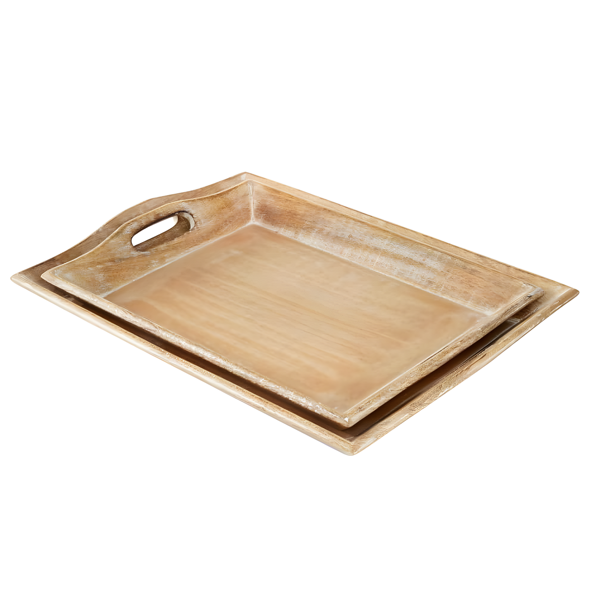 Olivia & May Set of 2 Traditional Whitewashed Natural Mango Wood Serving Trays Brown: Ottoman Style, with Handles
