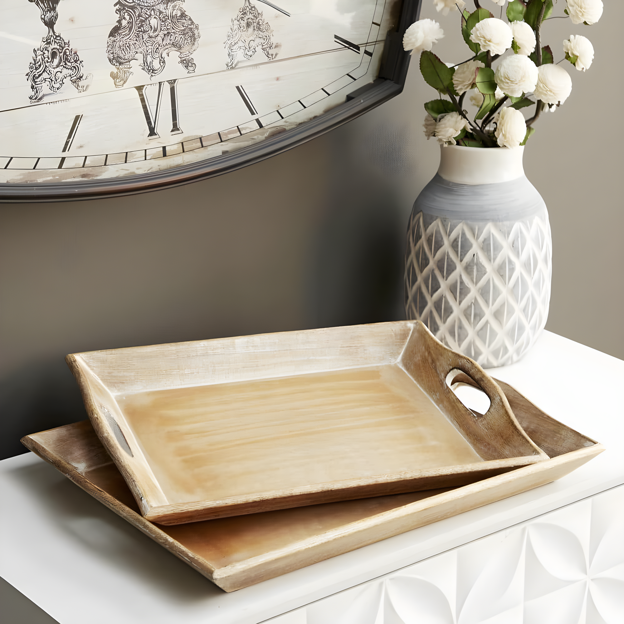 Olivia & May Set of 2 Traditional Whitewashed Natural Mango Wood Serving Trays Brown: Ottoman Style, with Handles