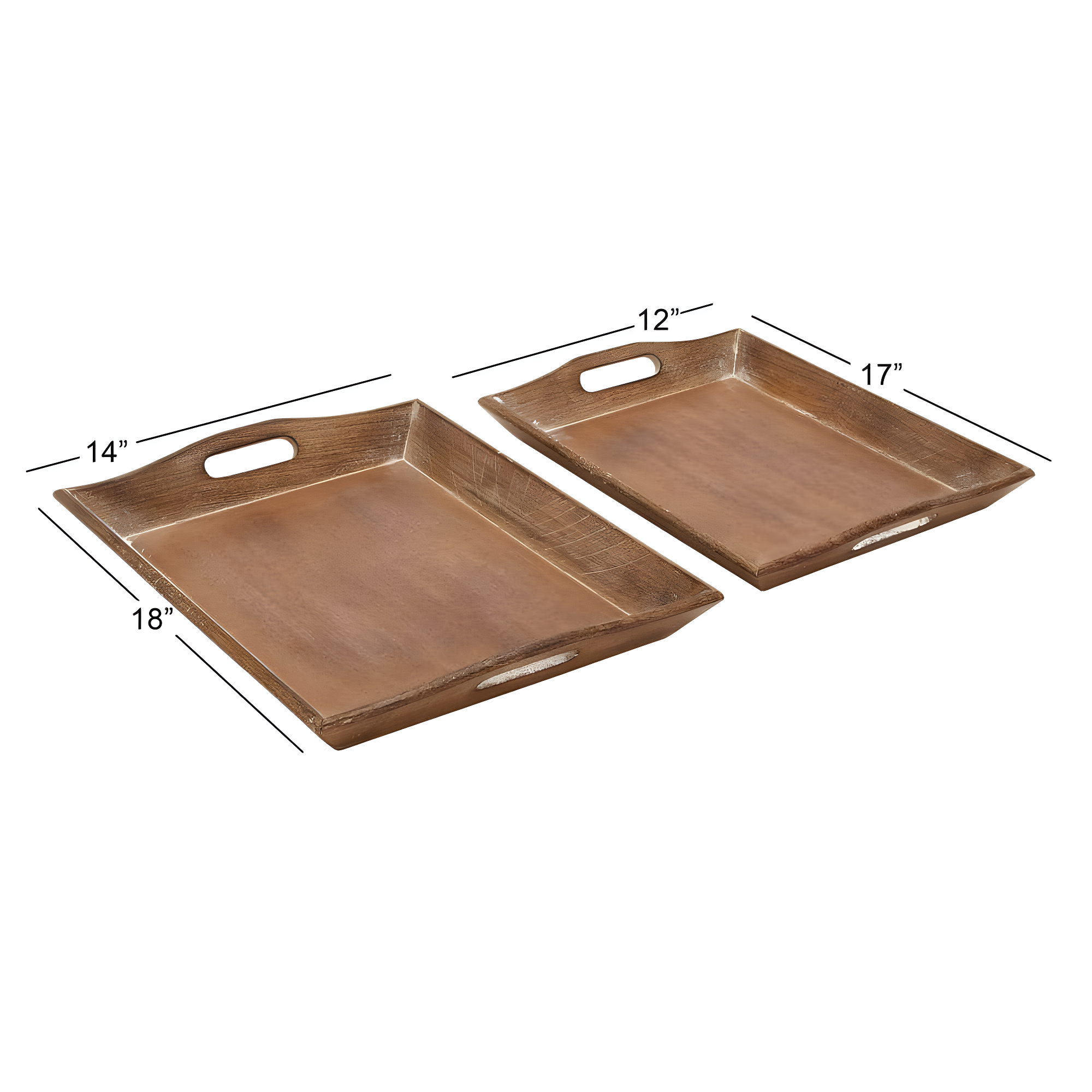 Olivia & May Set of 2 Traditional Whitewashed Natural Mango Wood Serving Trays Brown: Ottoman Style, with Handles