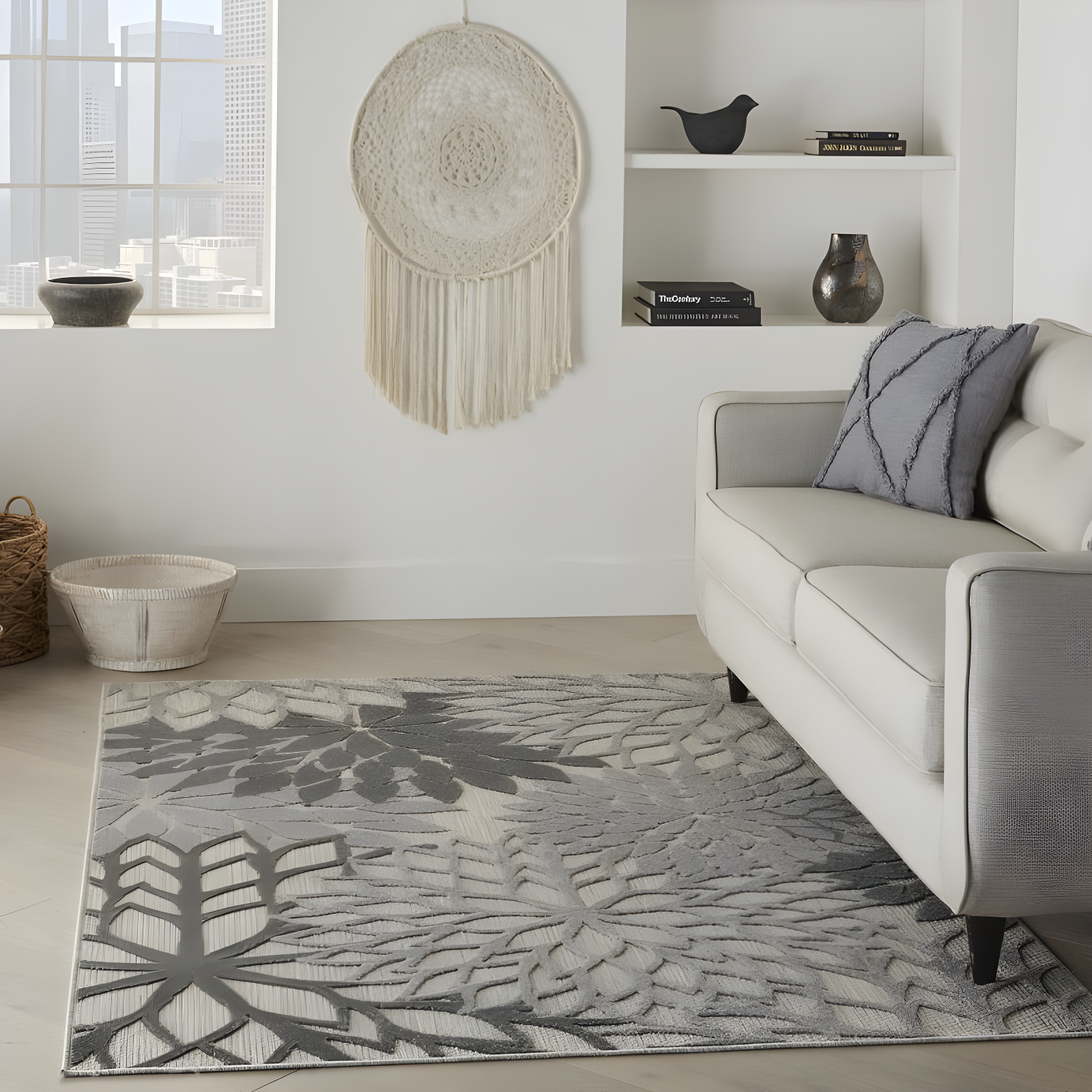 Nourison Aloha Floral Bloom Flatweave High-Low Indoor Outdoor Area Rug Silver Grey 3'6" x 5'6"