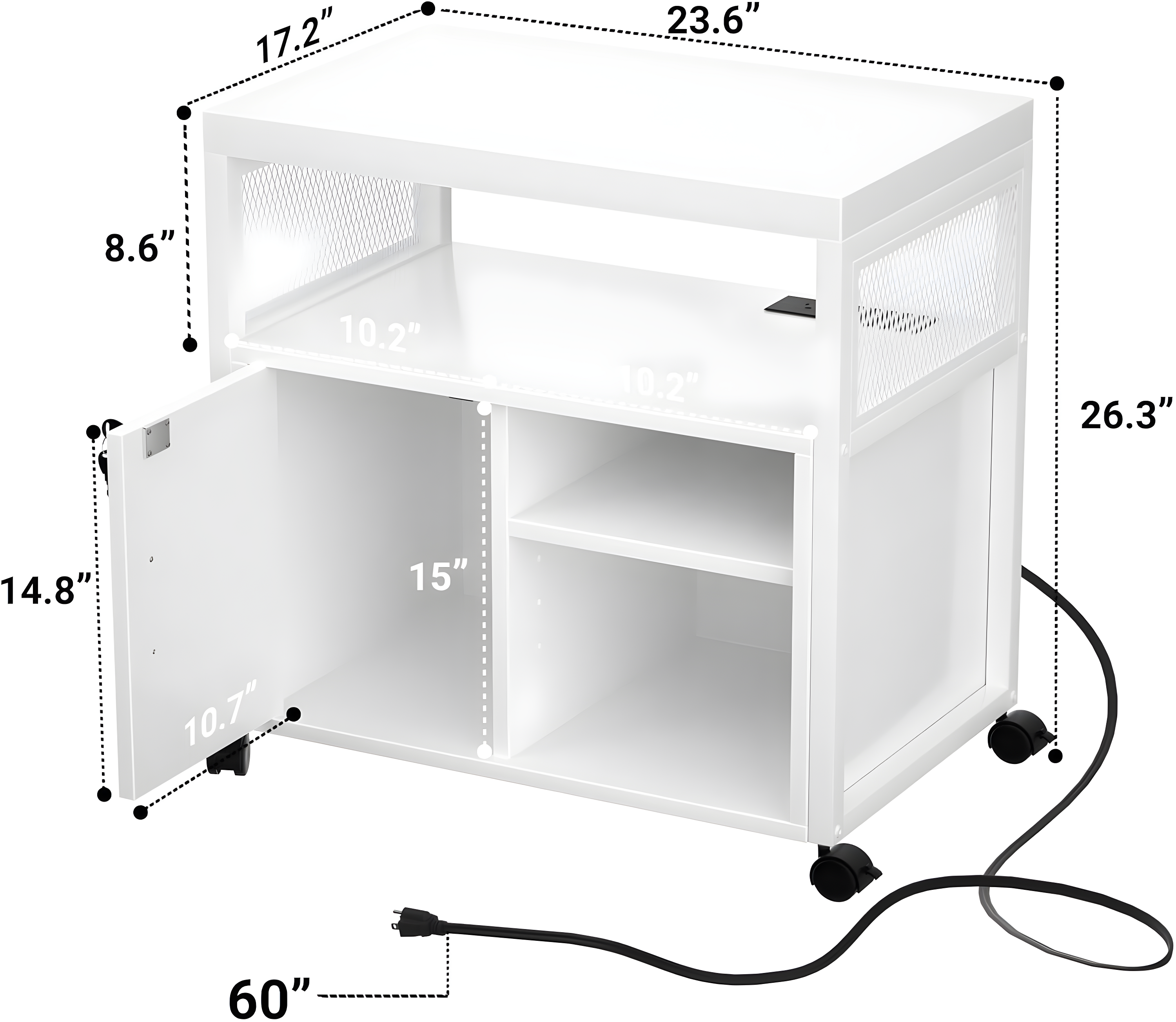 Unikito Rolling File Cabinet Lateral Office Filing Cabinets with Socket and USB Charging Port, Modern Printer Stand on Wheels, Printer Cabinet with Door and Open Storage, Lockable, White