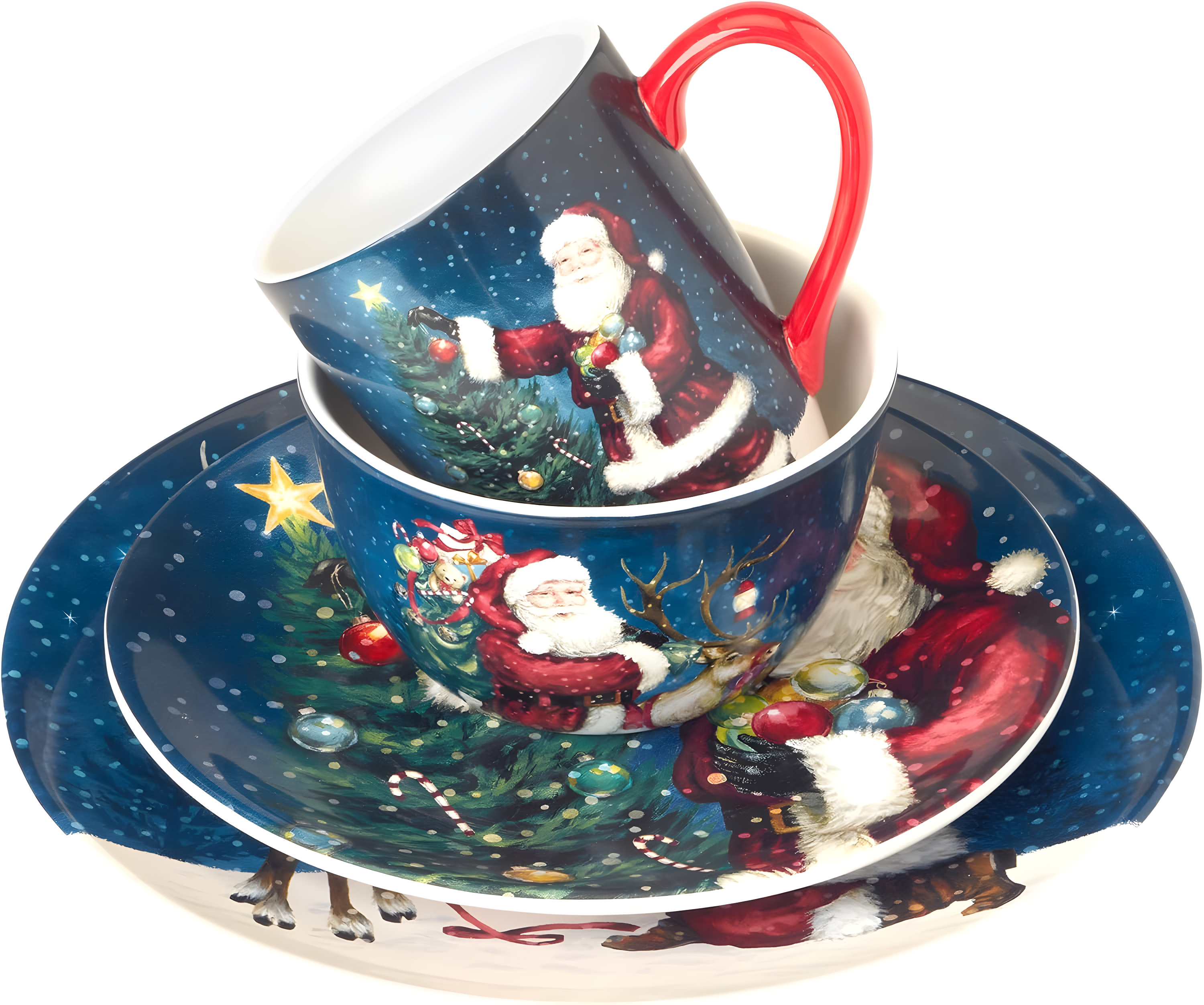 Certified International Santa's Secret 16pc Ceramic Dinnerware Set 4 Dinner 4 Dessert Plates 4 Mugs 4 Ice Cream Bowls (Set of 16)