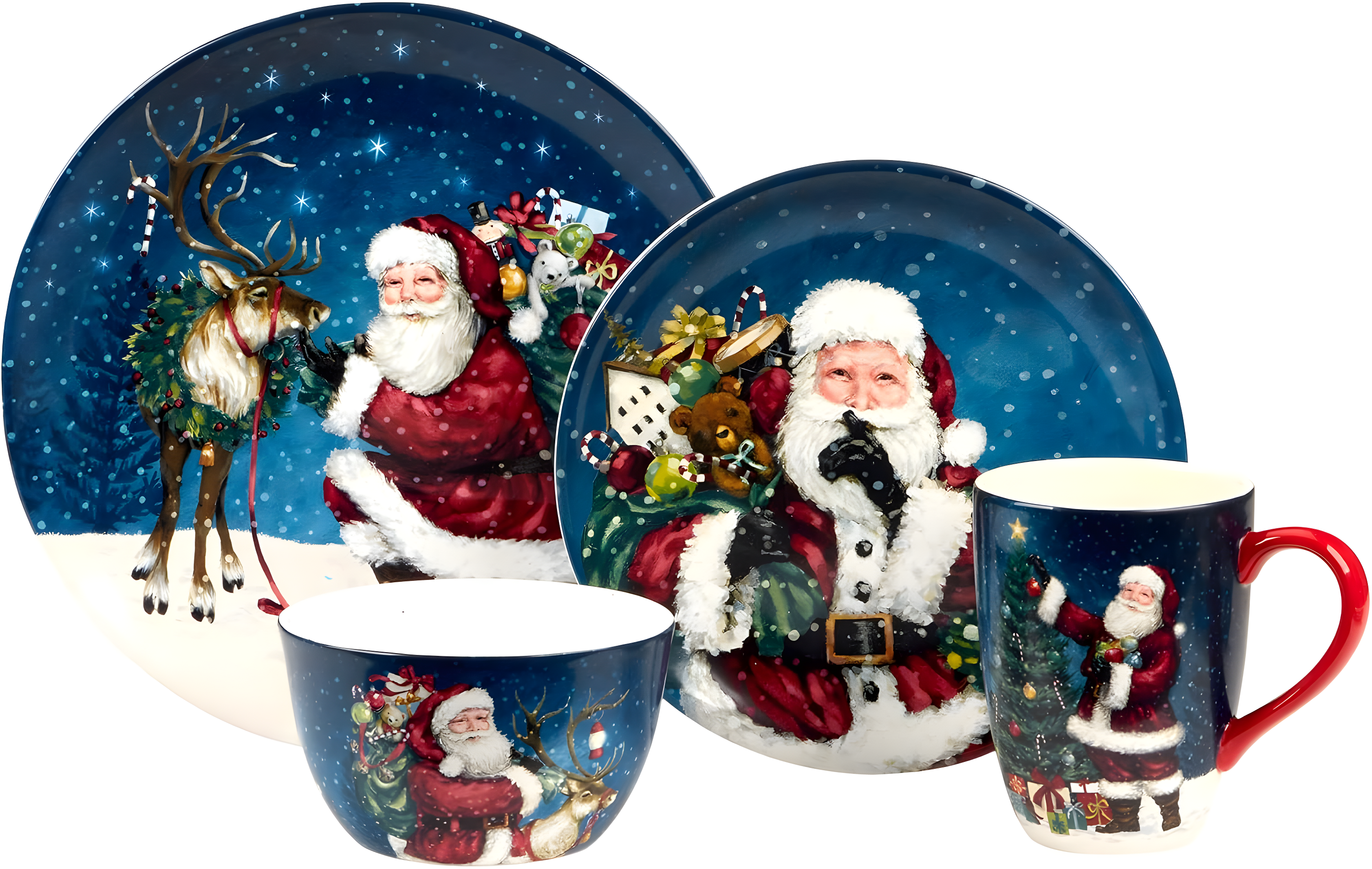 Certified International Santa's Secret 16pc Ceramic Dinnerware Set 4 Dinner 4 Dessert Plates 4 Mugs 4 Ice Cream Bowls (Set of 16)