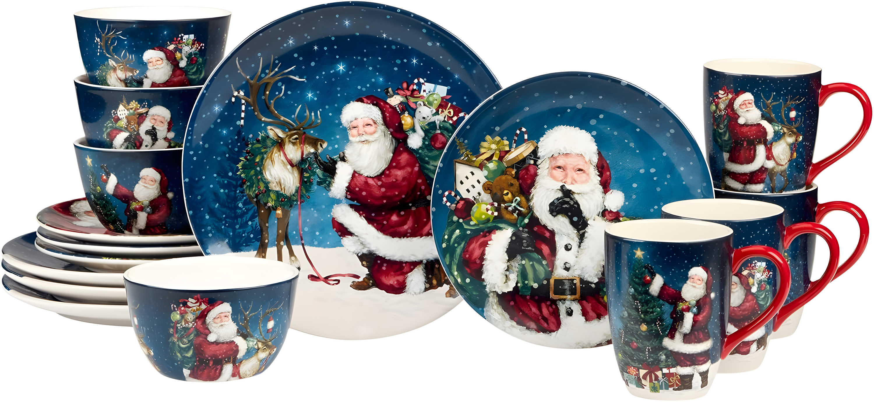 Certified International Santa's Secret 16pc Ceramic Dinnerware Set 4 Dinner 4 Dessert Plates 4 Mugs 4 Ice Cream Bowls (Set of 16)