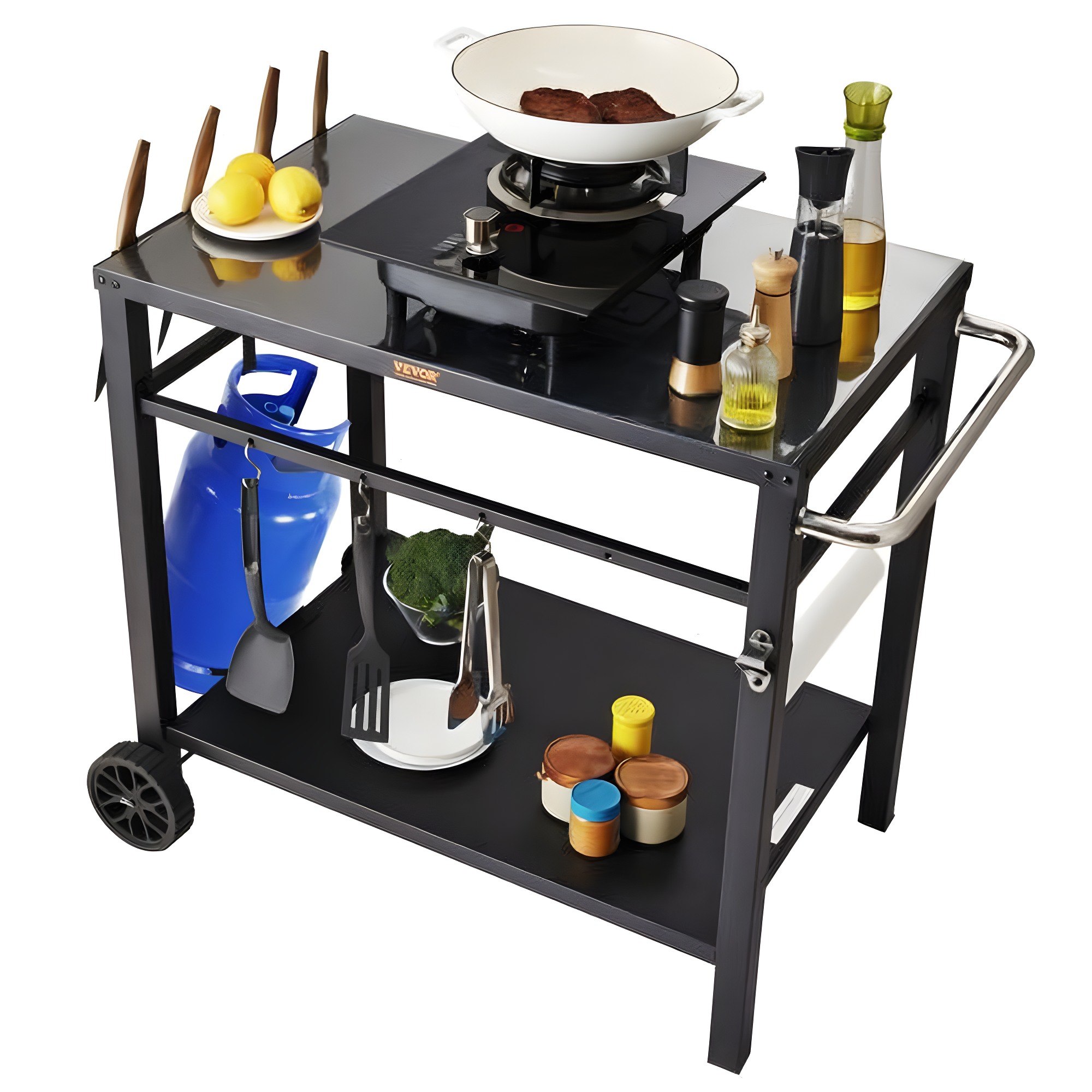 VEVOR Outdoor Grill Dining Cart with Double-Shelf, BBQ Movable Food Prep Table, Multifunctional Foldable Iron Table Top, Portable Modular Carts
