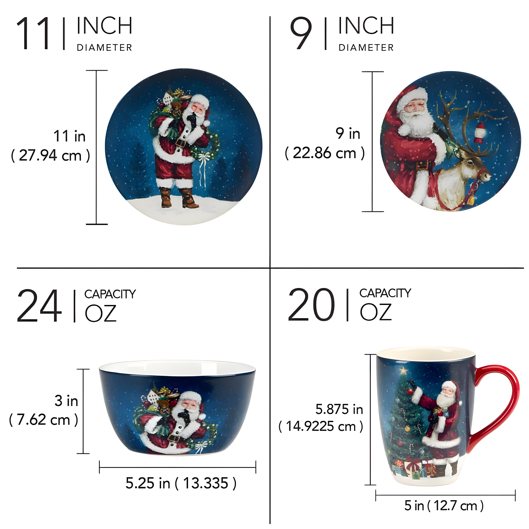Certified International Santa's Secret 16pc Ceramic Dinnerware Set 4 Dinner 4 Dessert Plates 4 Mugs 4 Ice Cream Bowls (Set of 16)