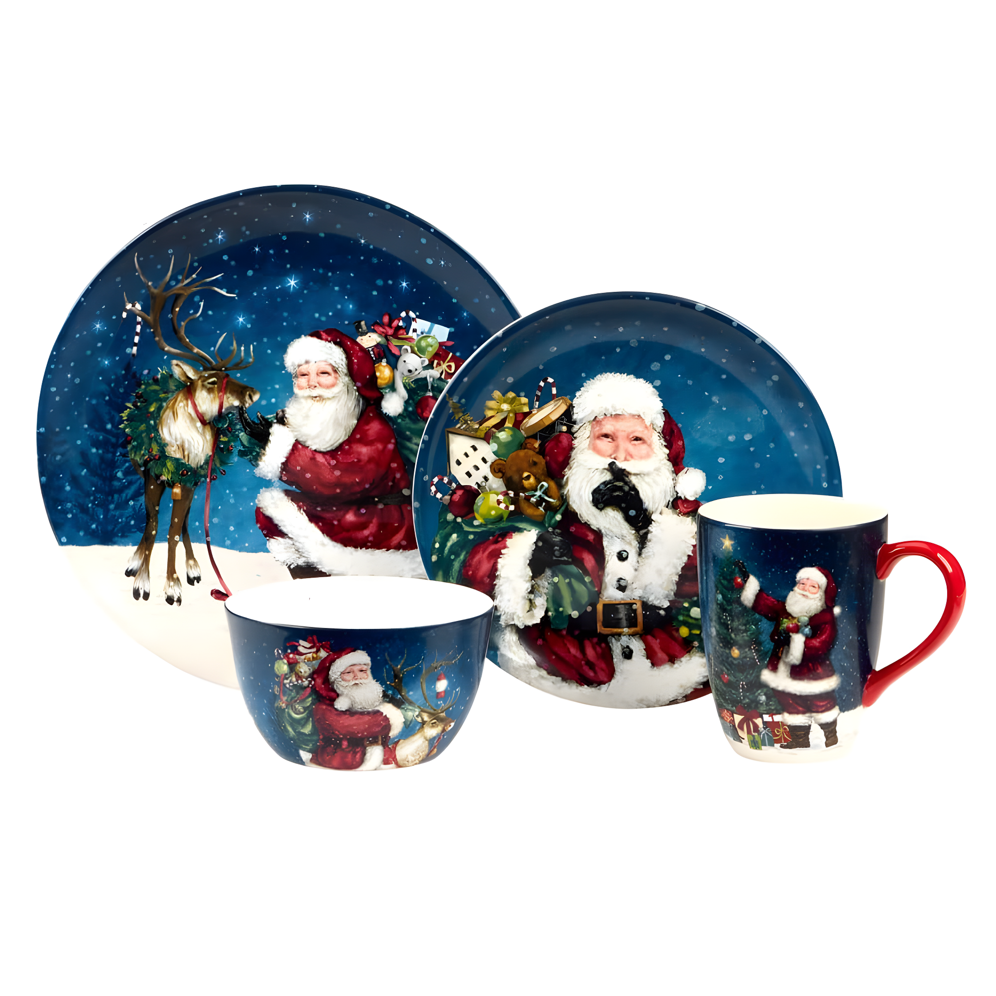 Certified International Santa's Secret 16pc Ceramic Dinnerware Set 4 Dinner 4 Dessert Plates 4 Mugs 4 Ice Cream Bowls (Set of 16)