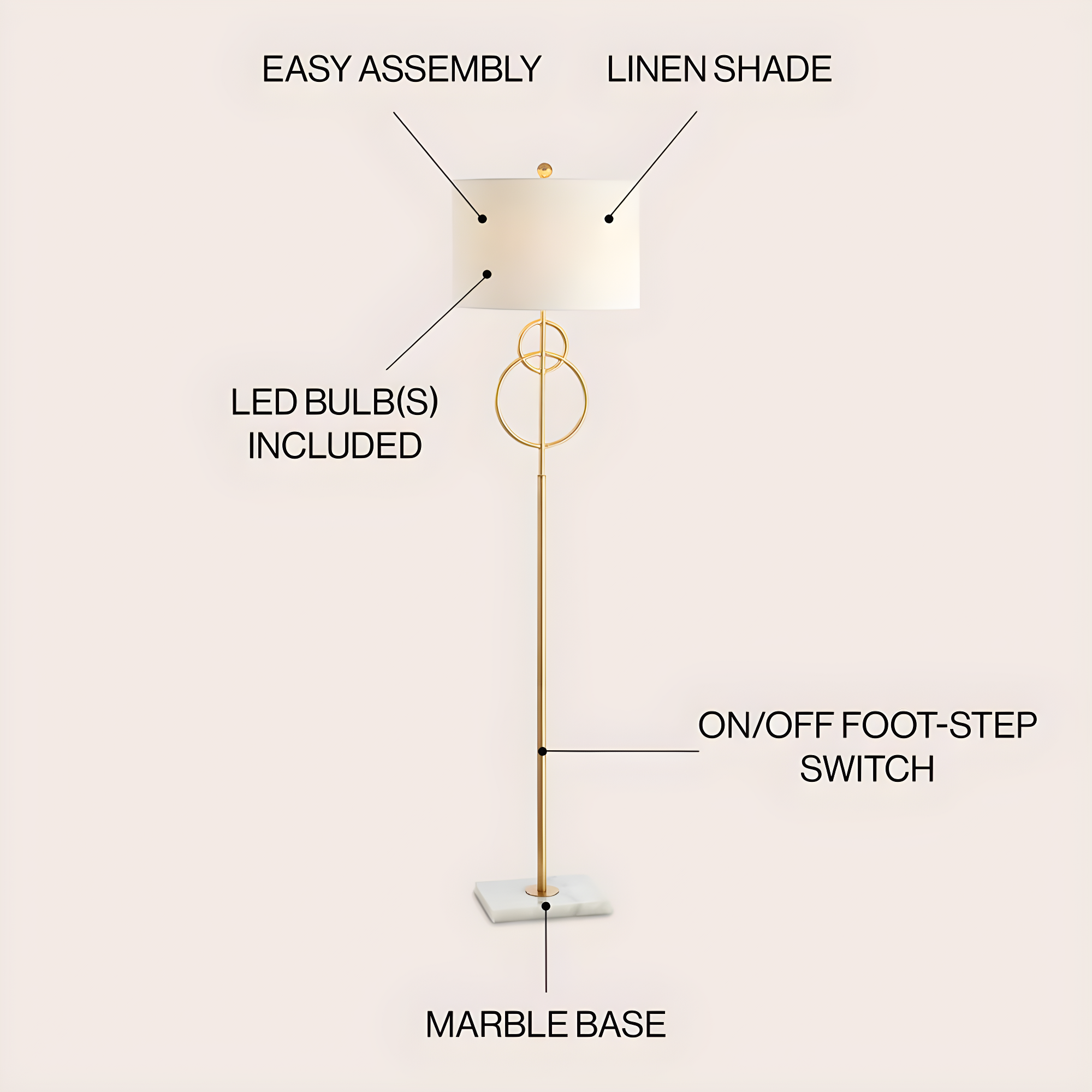 JONATHAN Y JYL1097A Haines 60" Modern Circle Marble/Metal LED Floor Lamp, Classic, Glam, Transitional for living room, dinning room, bedroom, office Bulb Included, Gold