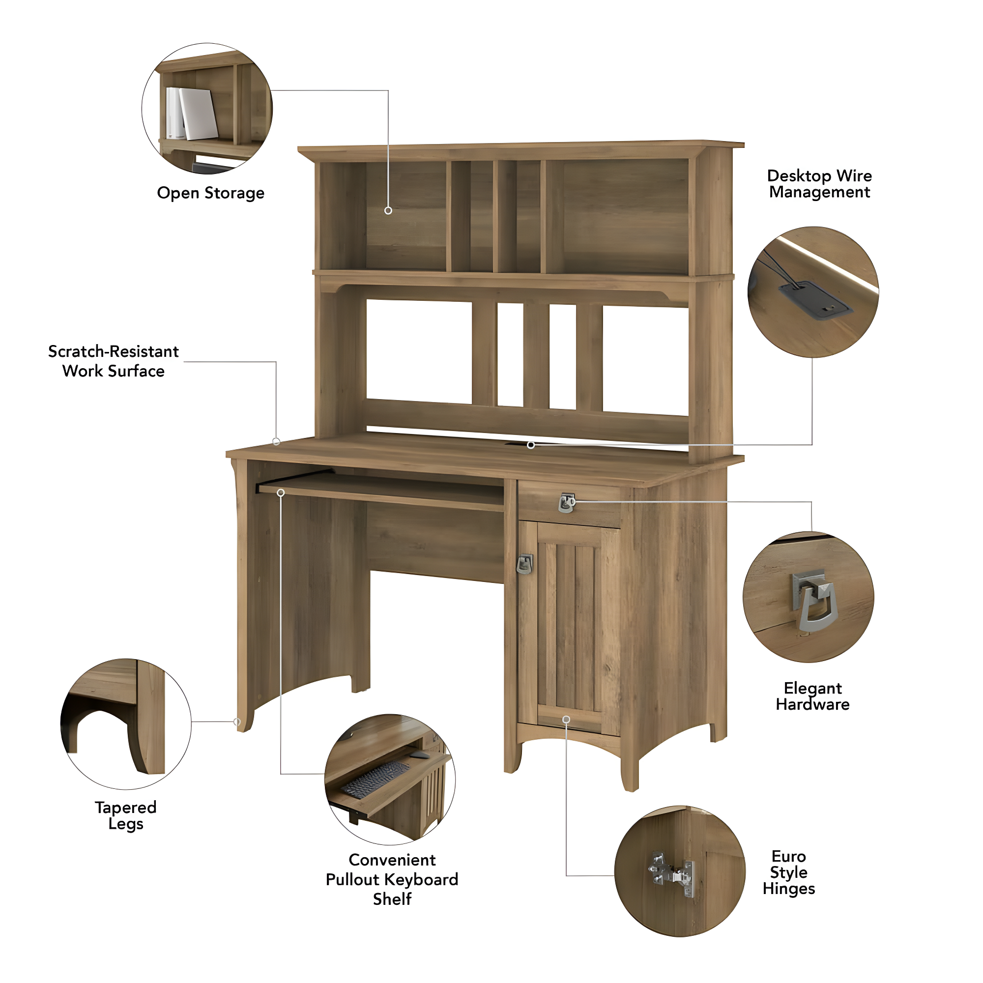 Bush Furniture Salinas Mission 48" Computer Desk and Hutch, Reclaimed Pine