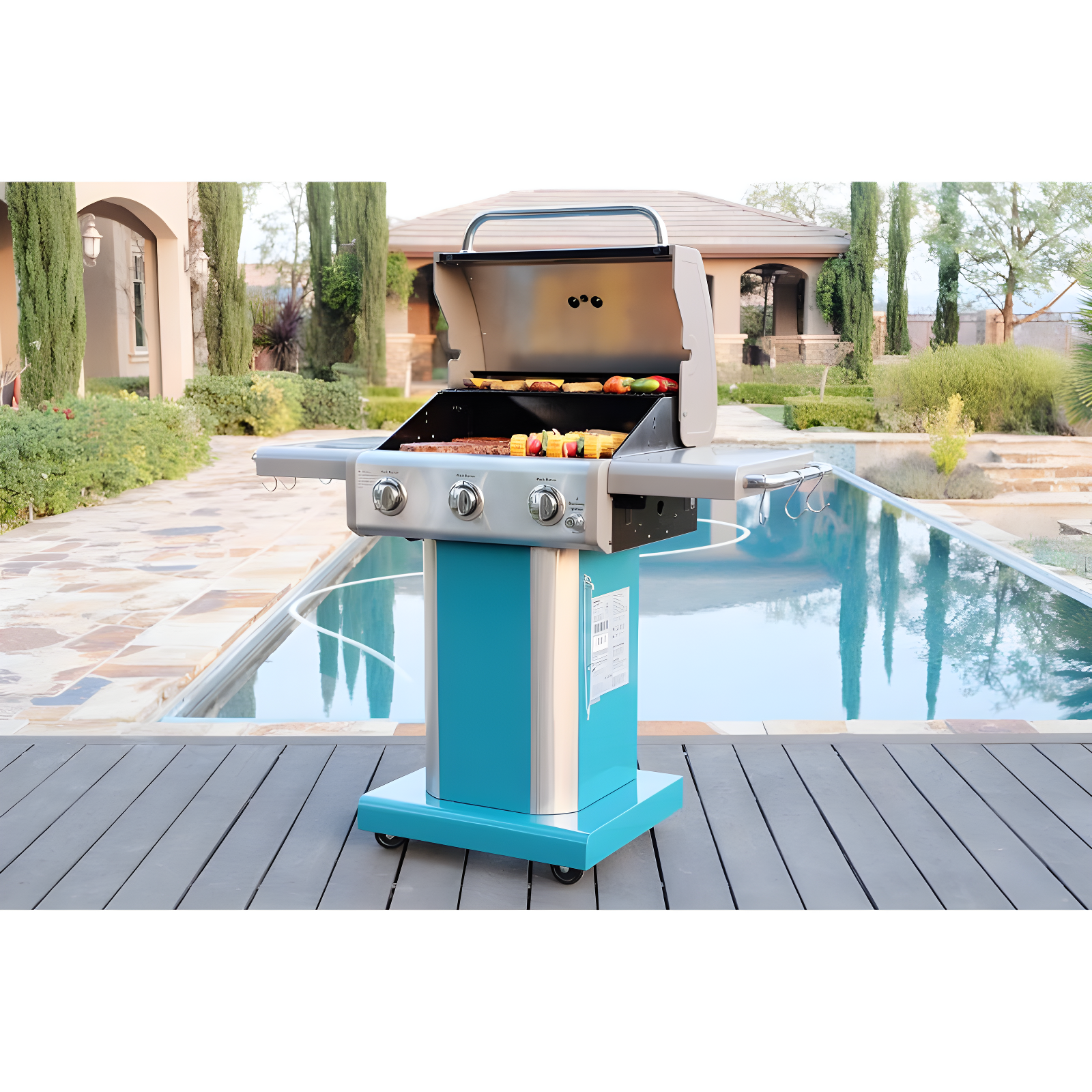 Kenmore 3-Burner Propane Gas Grill with Foldable Side Tables for Outdoor BBQ