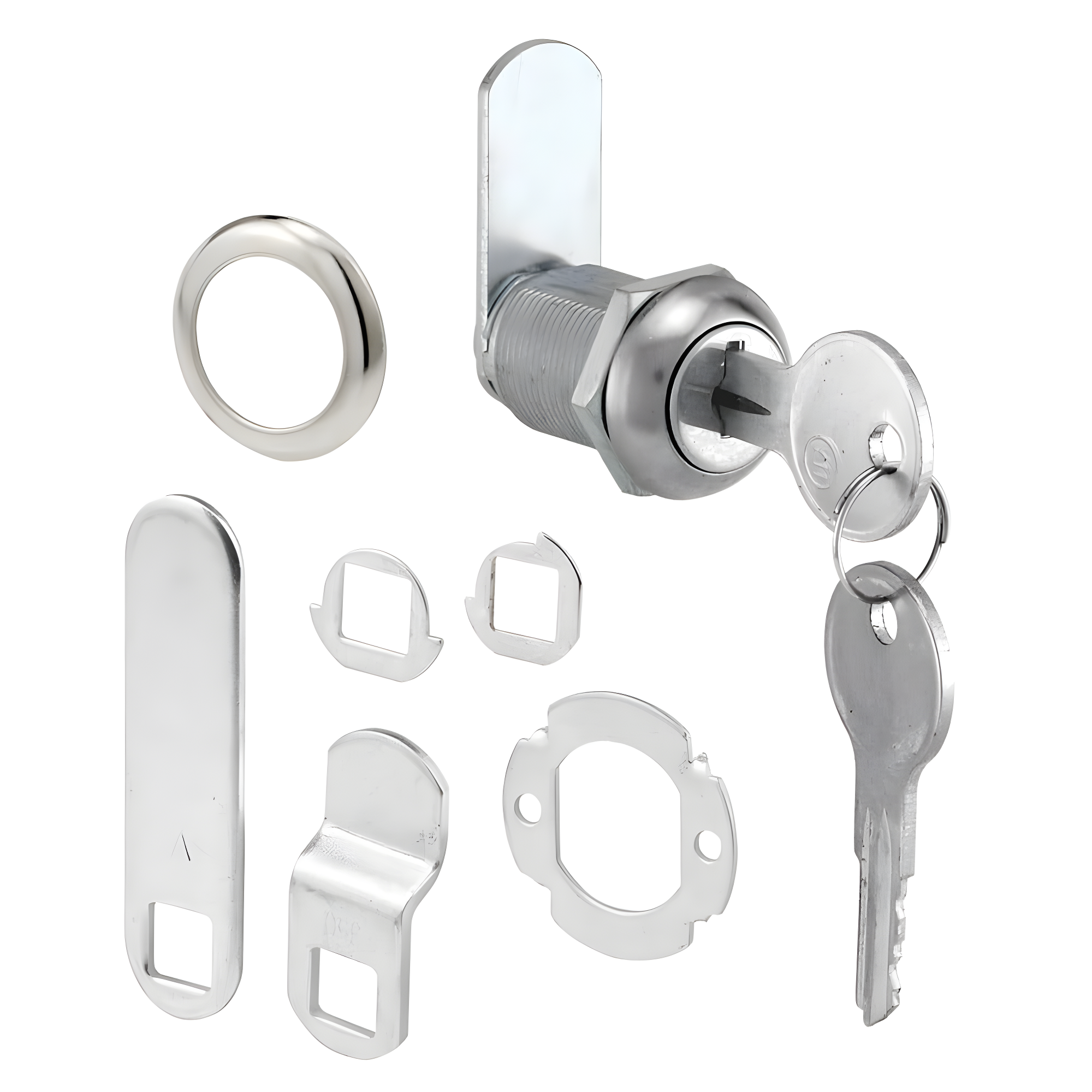 Prime-Line Diecast Keyed Alike Drawer and Cabinet Lock  3 Cams, Trim Collar, 2 Washers, 2 Keys and Fasteners  7/8 In. Length for 9/16 In. Max Panel Thickness, Stainless Steel (1 Set)